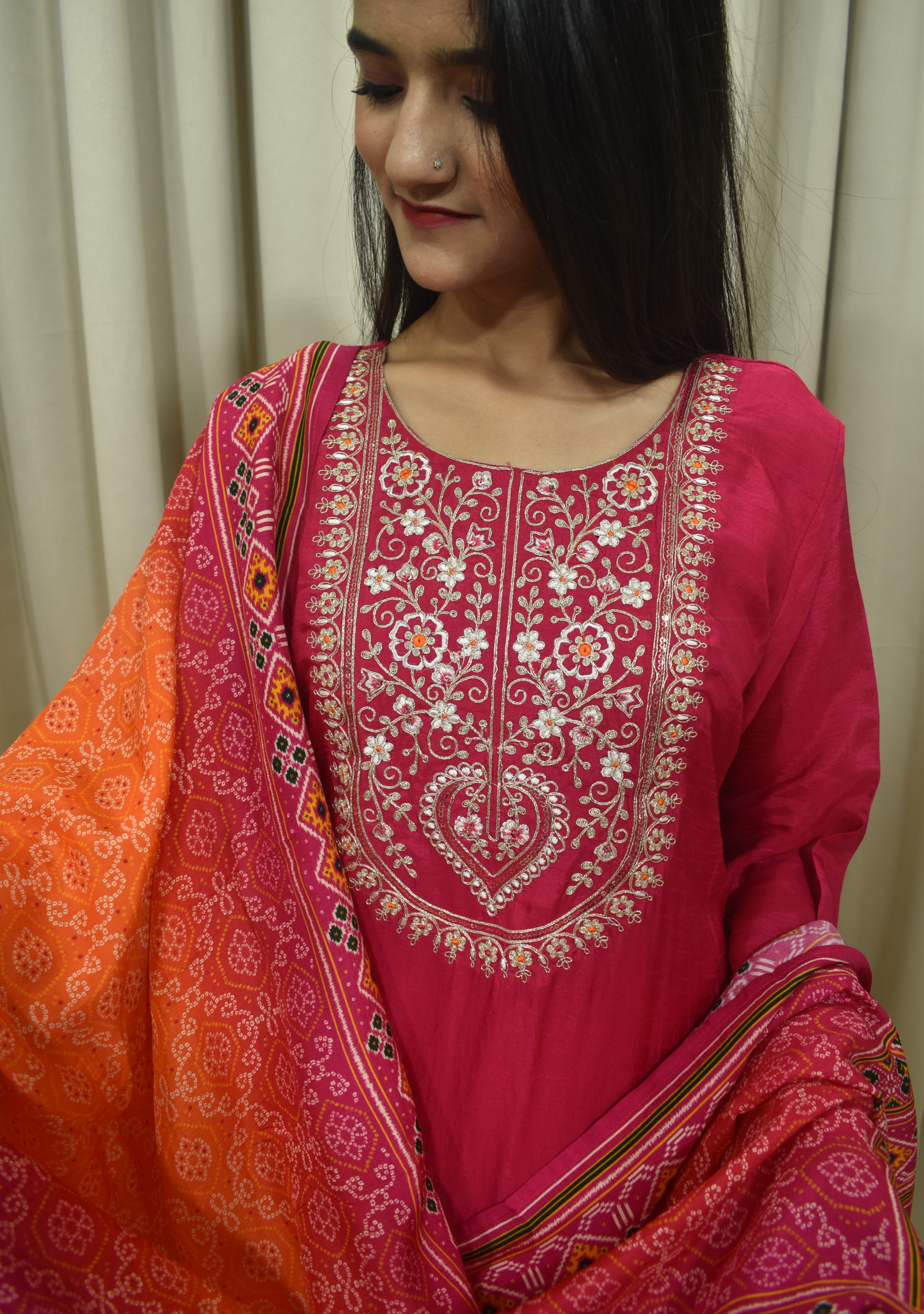Magenta Handcrafted Silk suit set with Gajji Dupatta