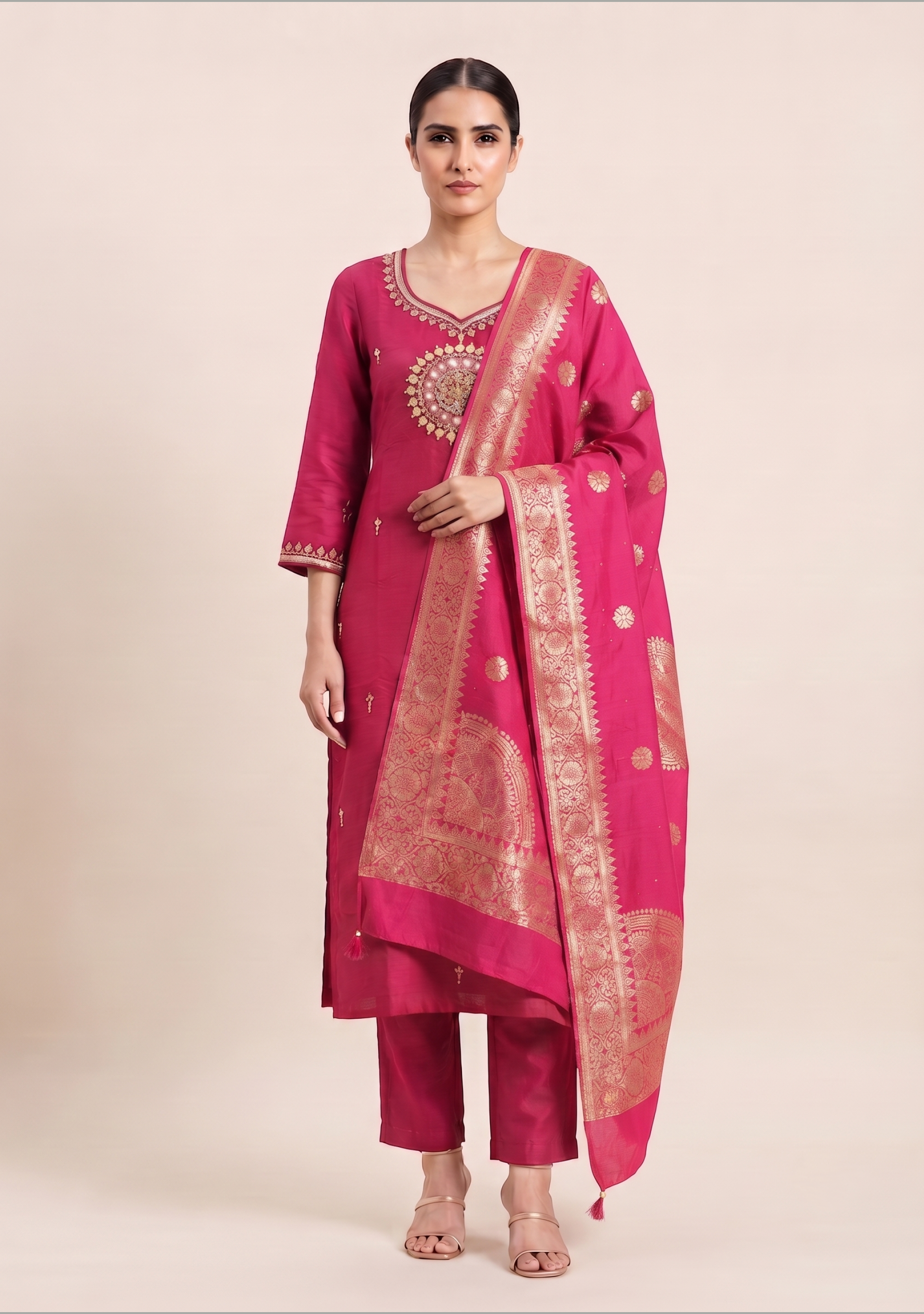 Magenta Banarasi Dupatta Handcrafted 3pc suit set