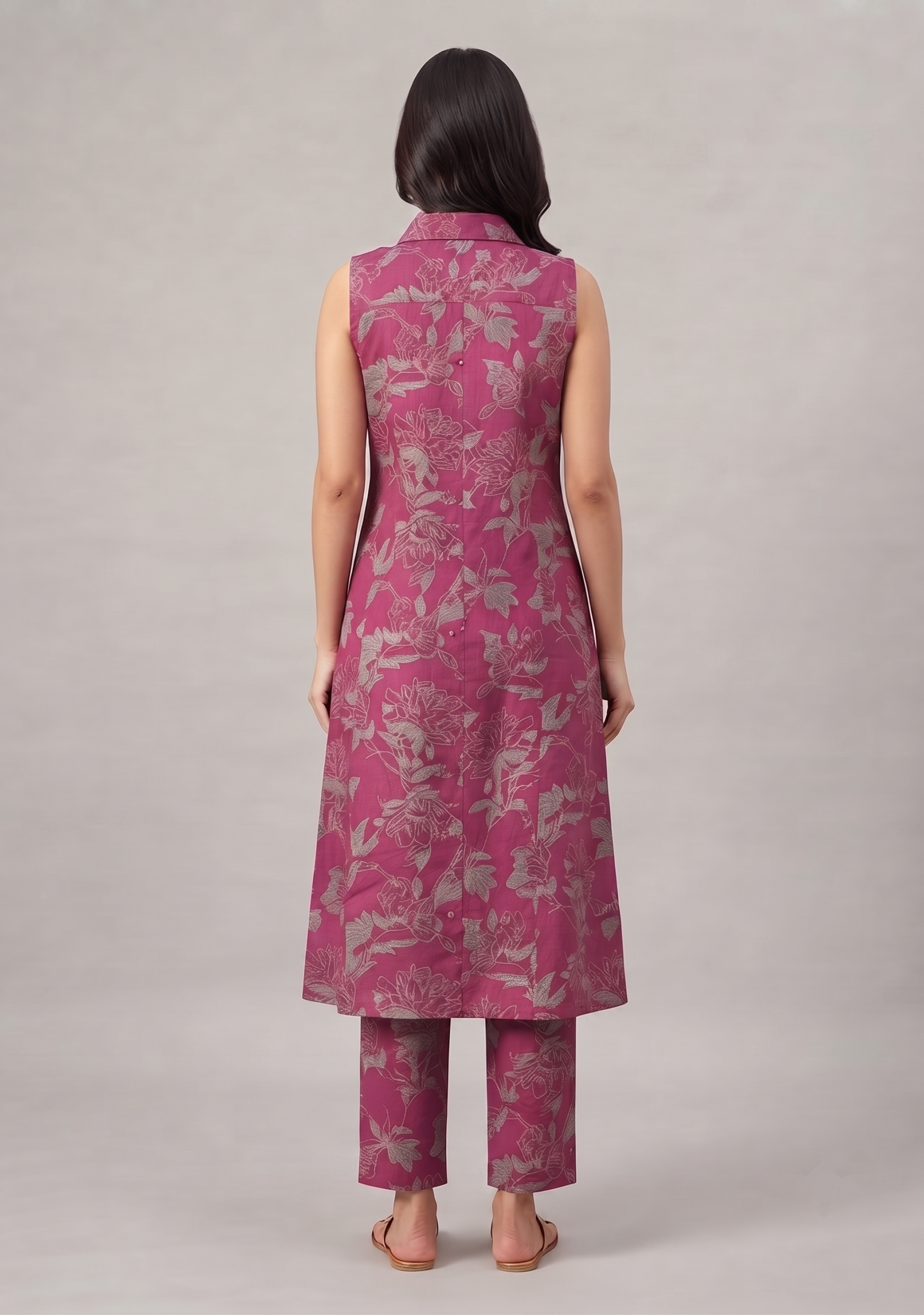 Magenta Grey Floral Print Cotton A-line Suit Set