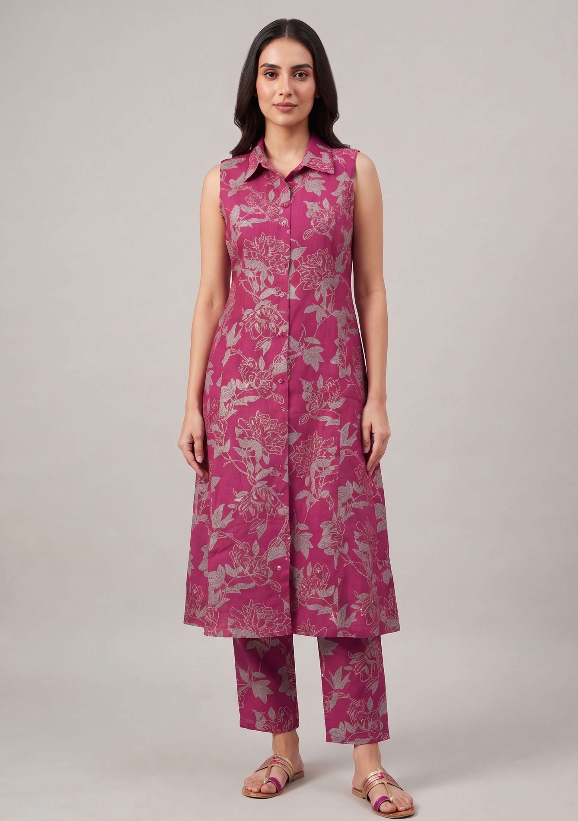 Magenta Grey Floral Print Cotton A-line Suit Set