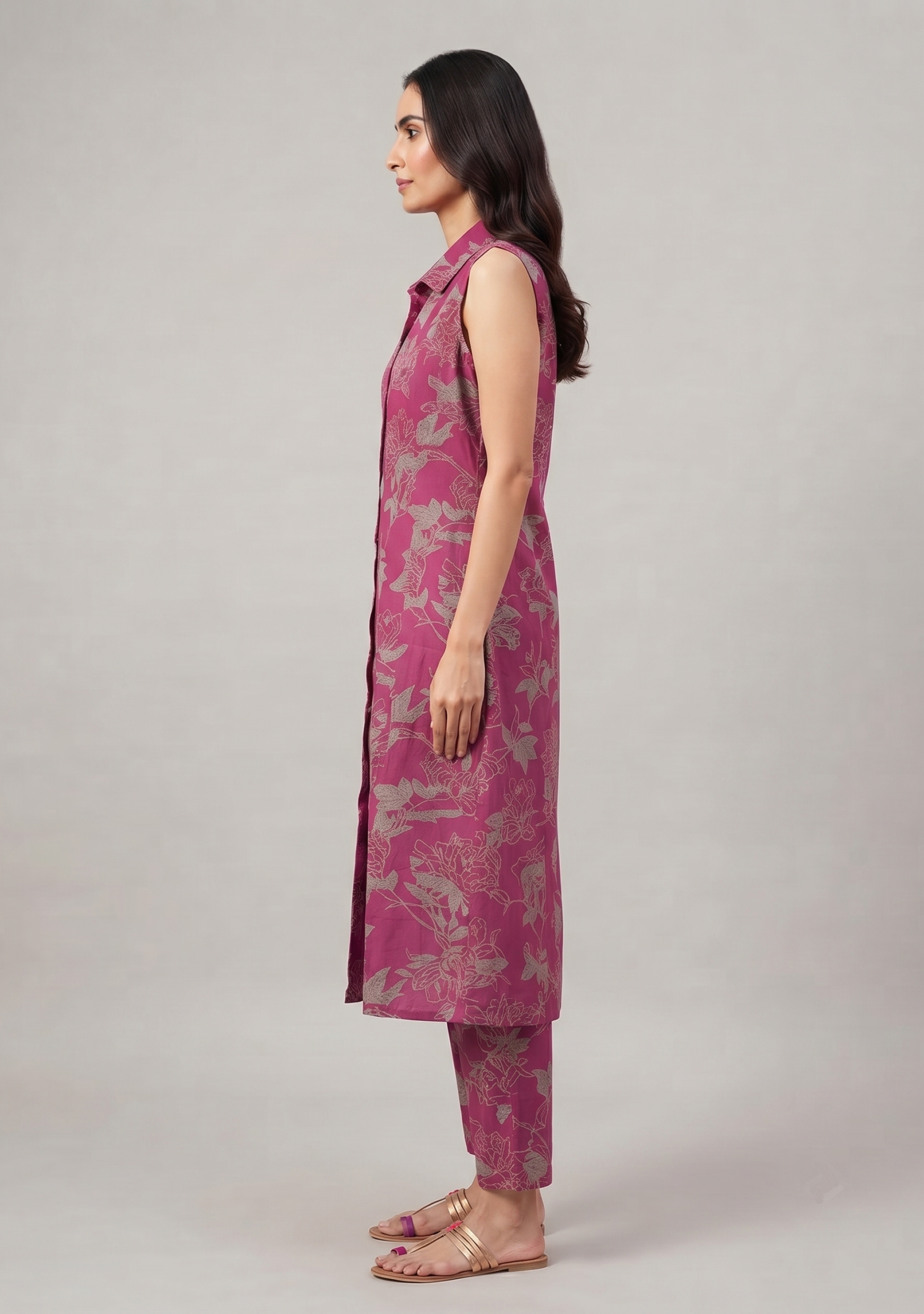 Magenta Grey Floral Print Cotton A-line Suit Set