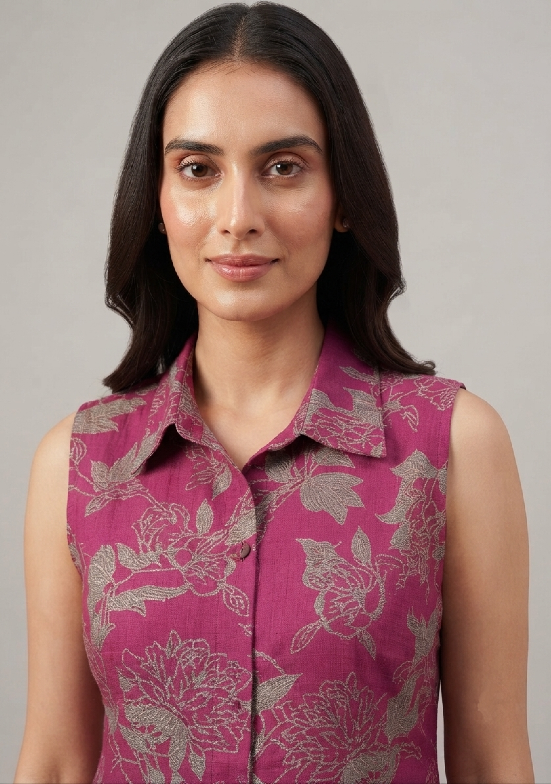 Magenta Grey Floral Print Cotton A-line Suit Set
