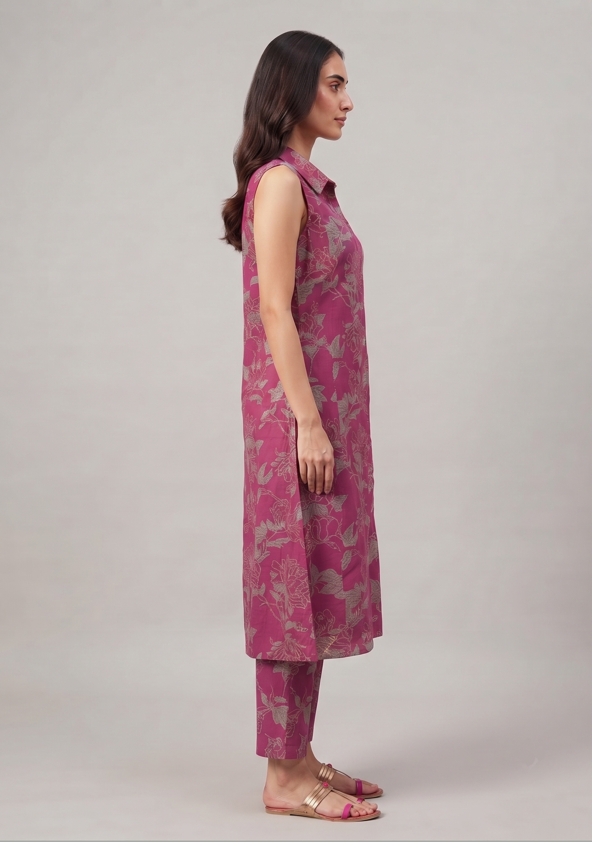 Magenta Grey Floral Print Cotton A-line Suit Set