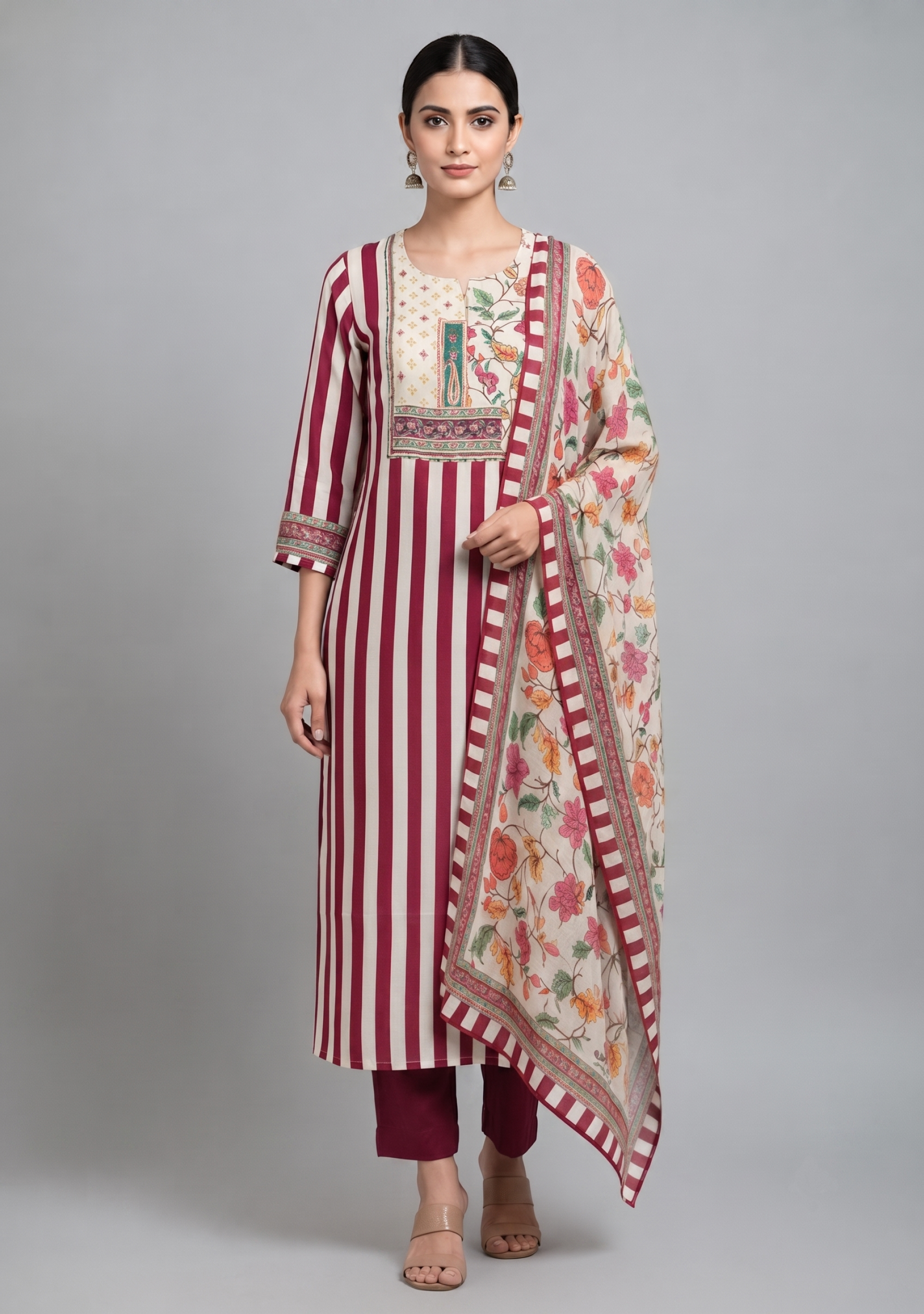 Maroon Beige Lining Handcrafted 3pc suit set
