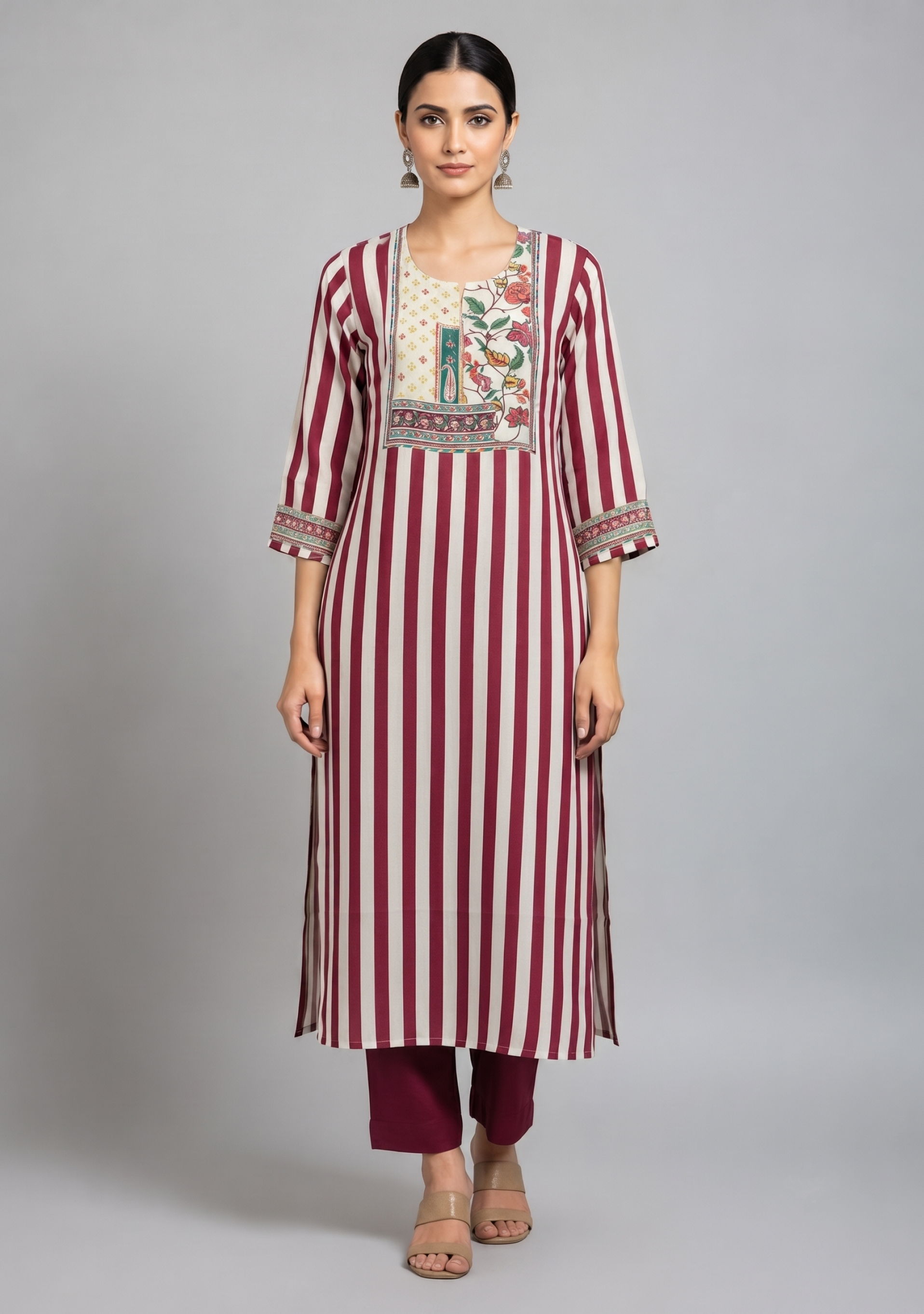 Maroon Beige Lining Handcrafted 3pc suit set