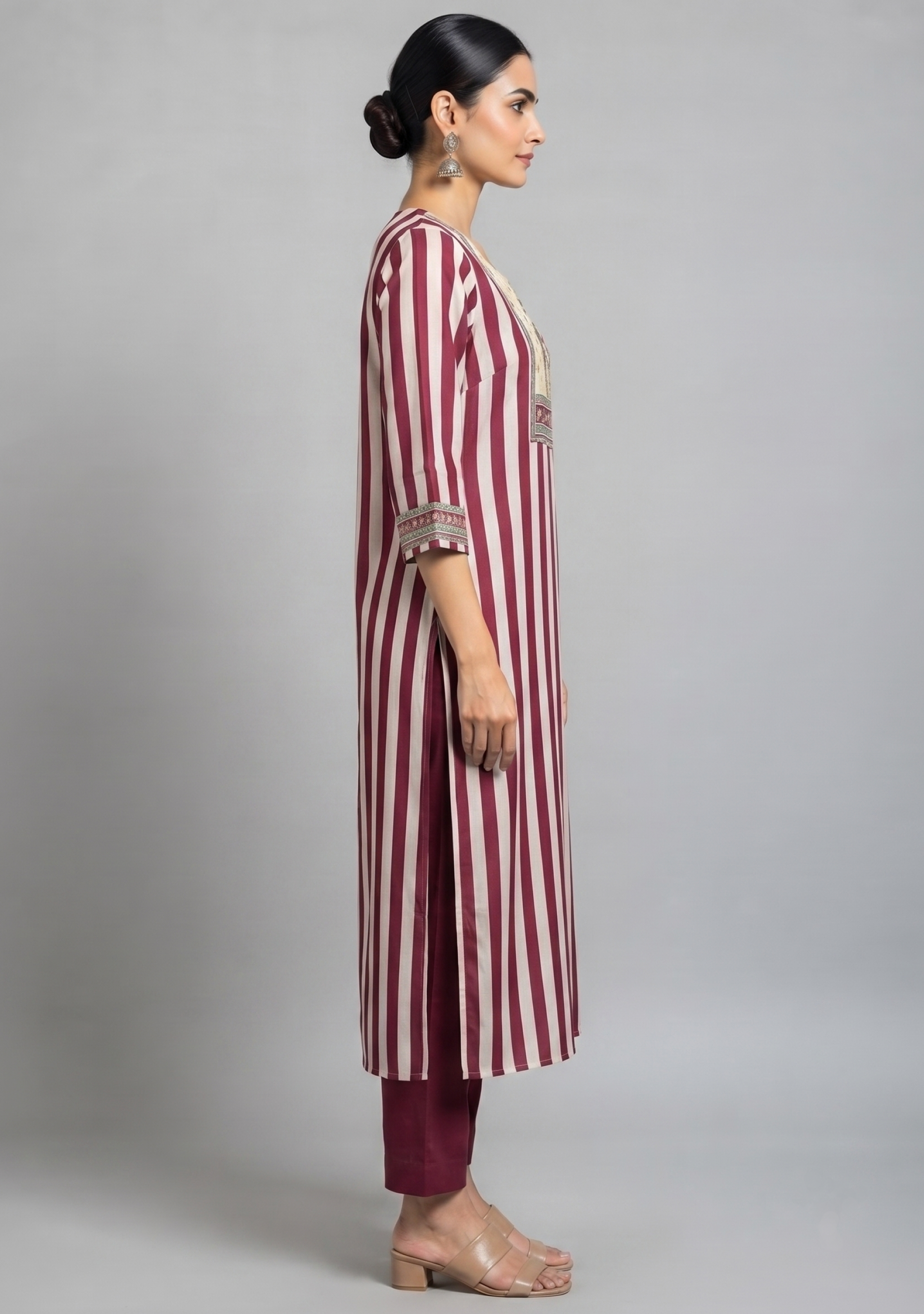 Maroon Beige Lining Handcrafted 3pc suit set