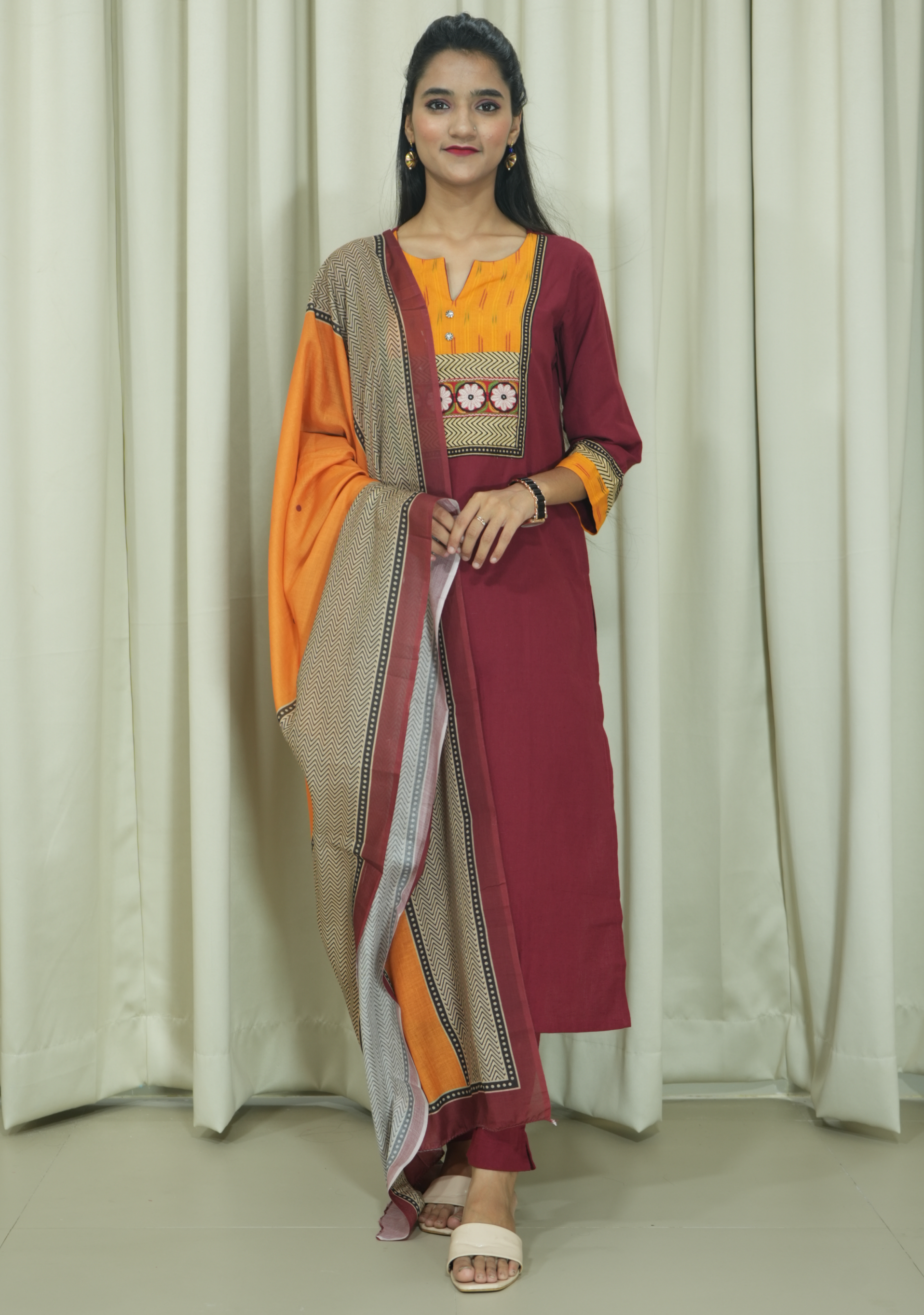 Maroon Cotton Orange Yoke Printed 3pc suit set