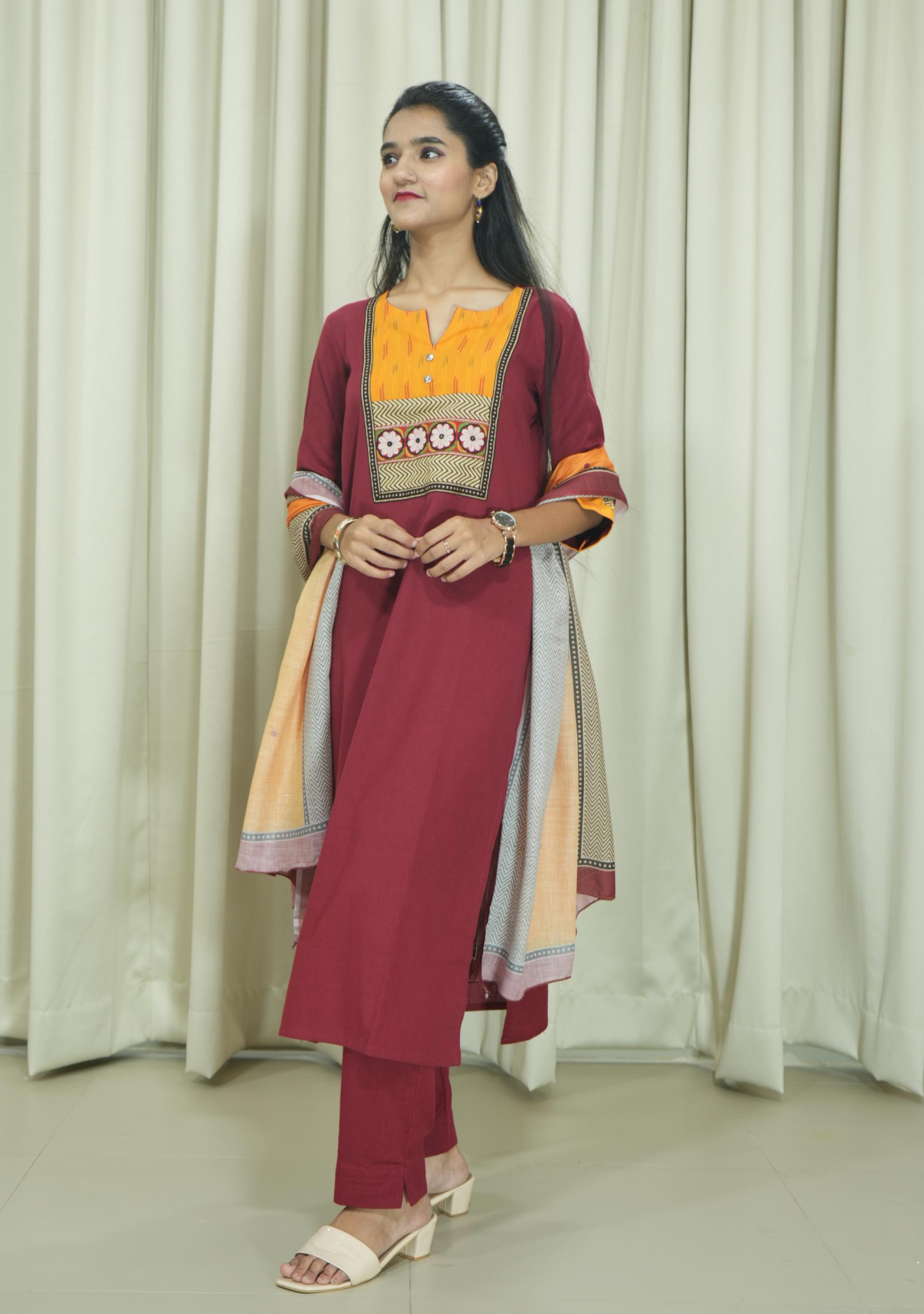 Maroon Cotton Orange Yoke Printed 3pc suit set