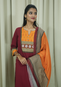 Maroon Cotton Orange Yoke Printed 3pc suit set