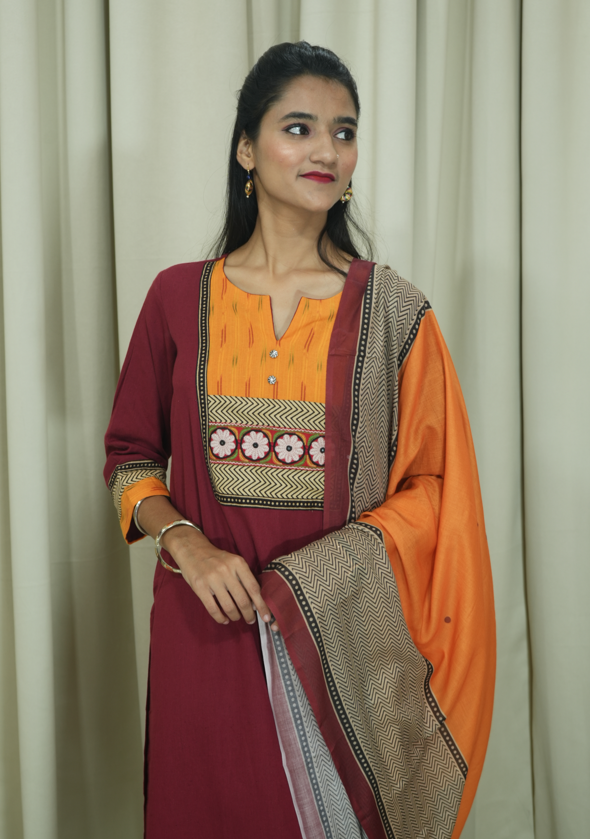 Maroon Cotton Orange Yoke Printed 3pc suit set