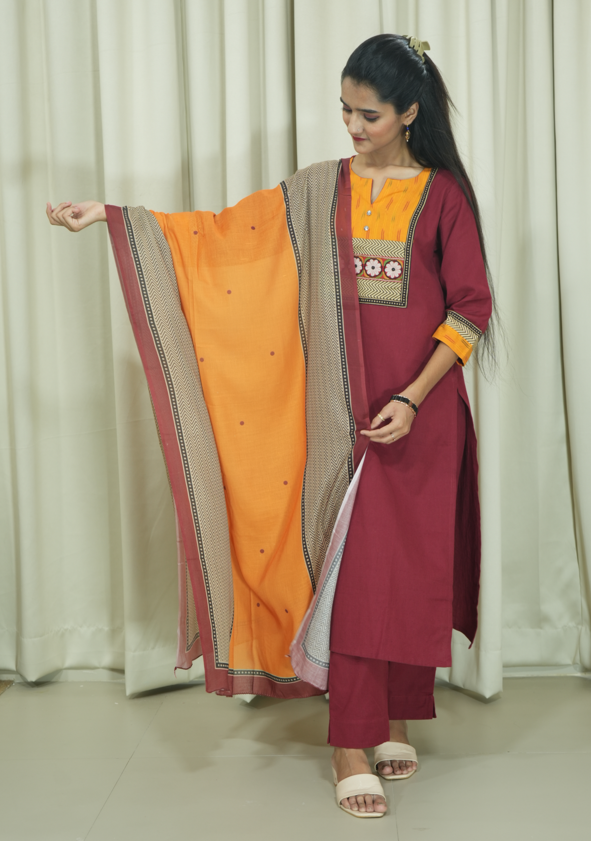 Maroon Cotton Orange Yoke Printed 3pc suit set