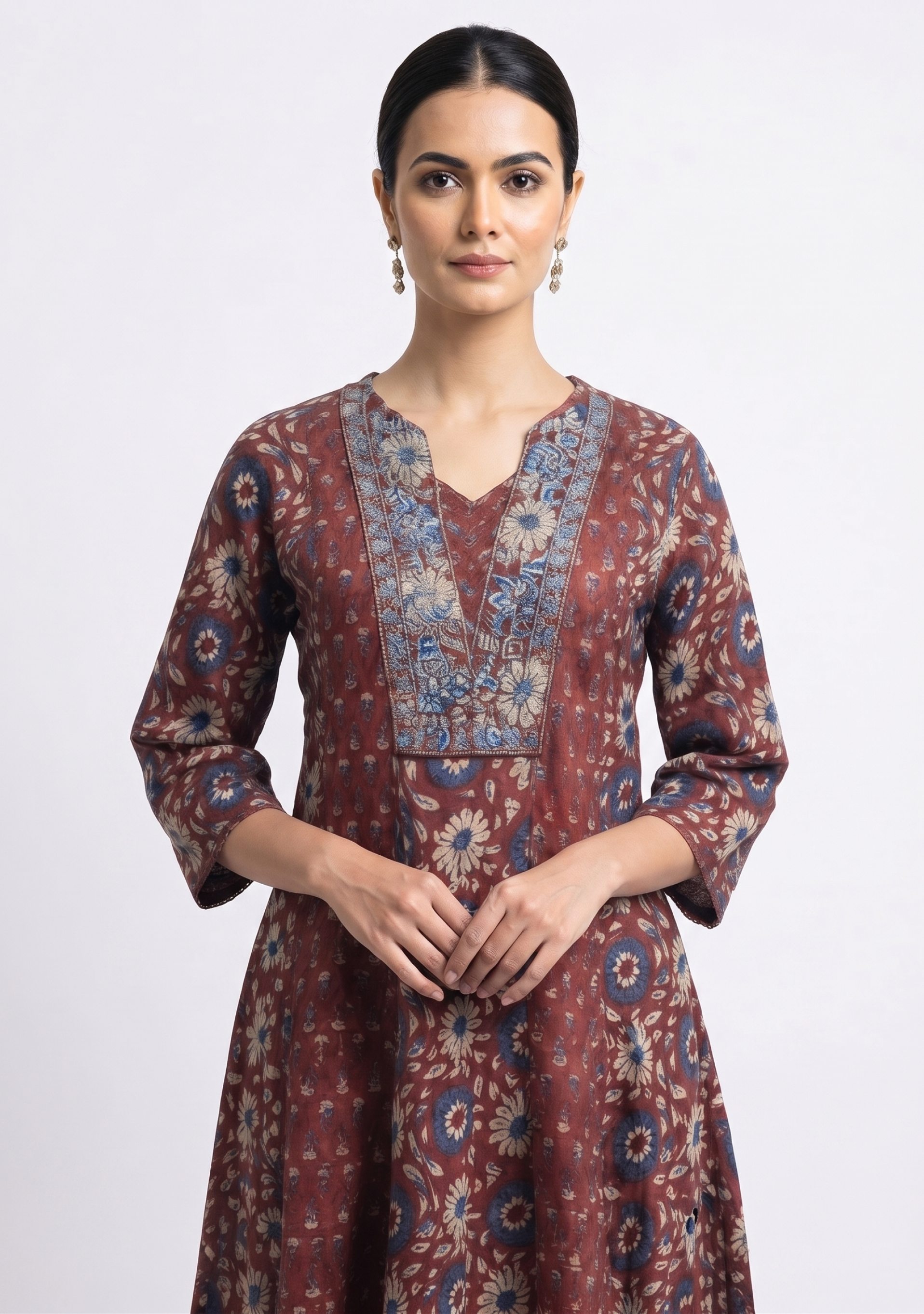 Maroon Printed Anarkali Cotton Handcrafted 3pc Suit Set