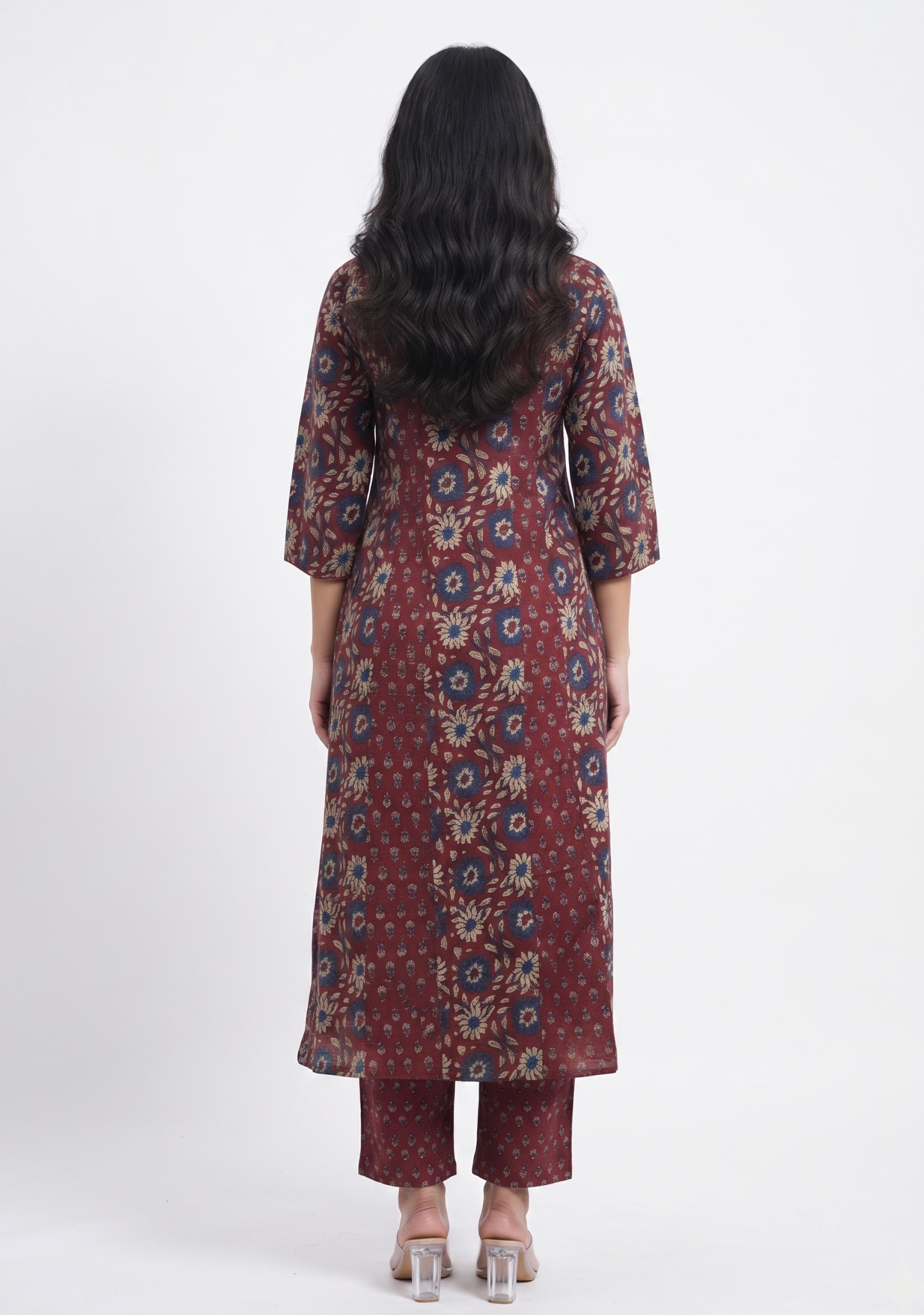 Maroon Printed Anarkali Cotton Handcrafted 3pc Suit Set