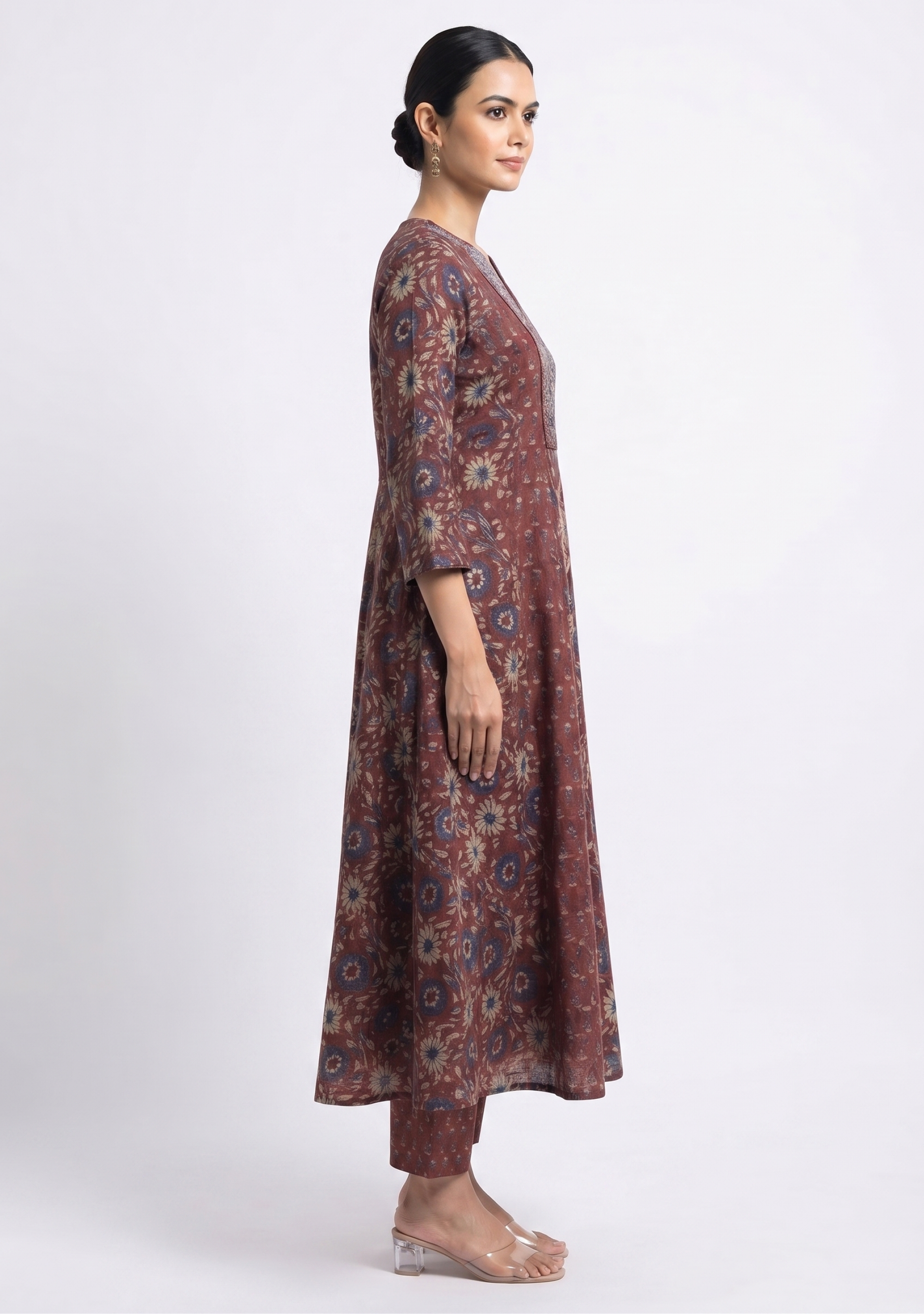 Maroon Printed Anarkali Cotton Handcrafted 3pc Suit Set