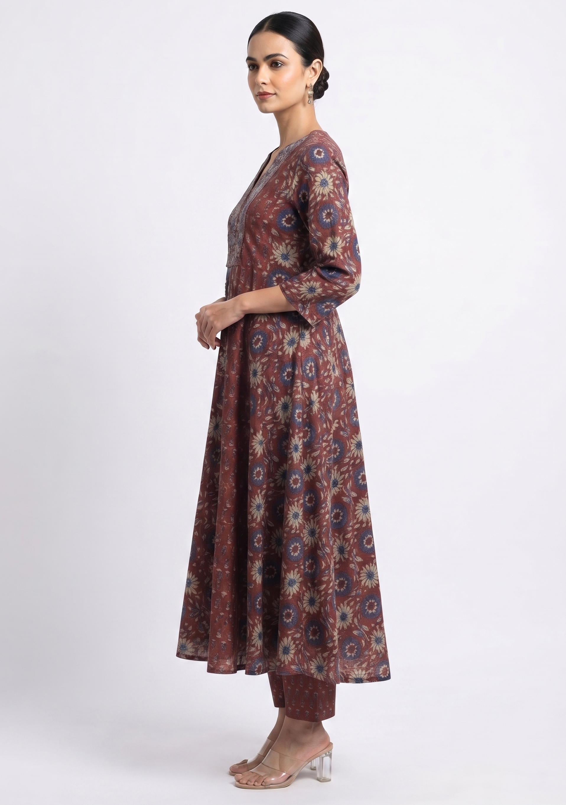 Maroon Printed Anarkali Cotton Handcrafted 3pc Suit Set