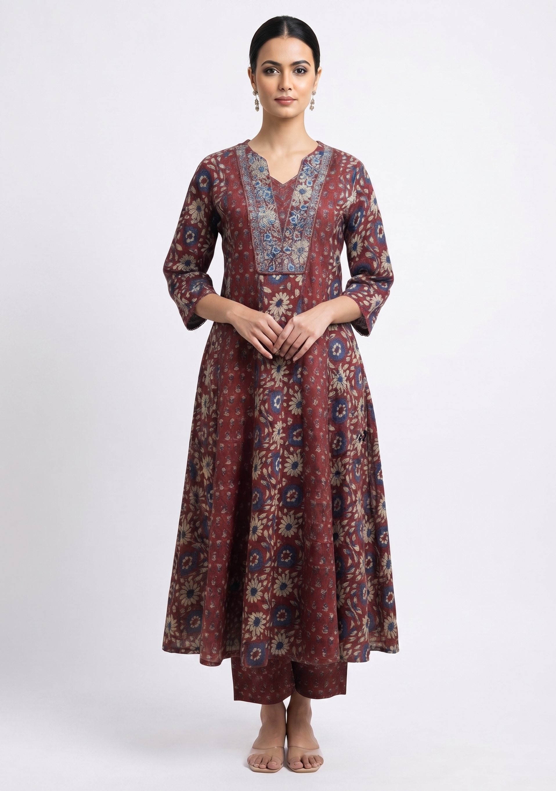 Maroon Printed Anarkali Cotton Handcrafted 3pc Suit Set
