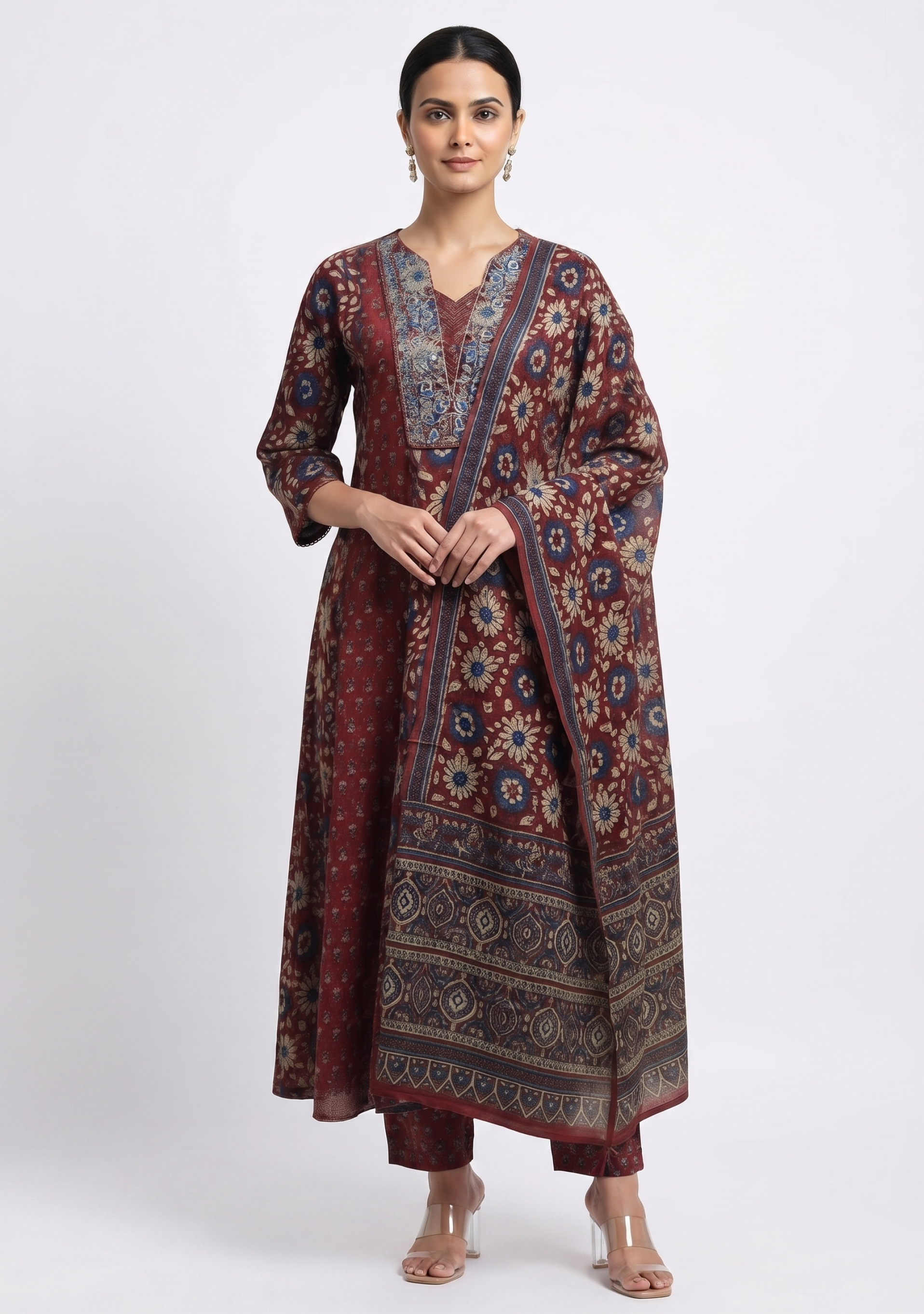 Maroon Printed Anarkali Cotton Handcrafted 3pc Suit Set