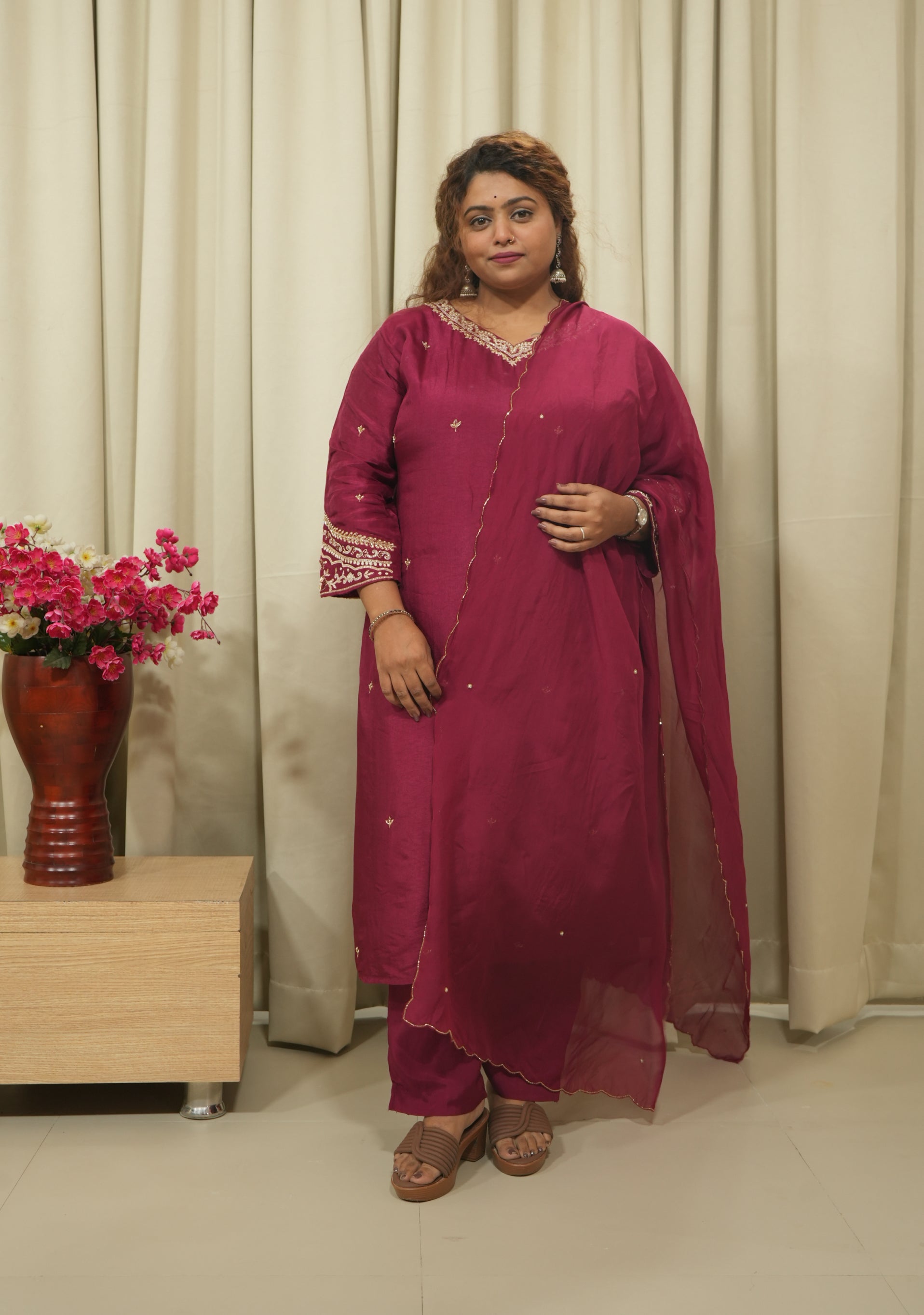 Maroon Silk Handcrafted 3pc Suit Set
