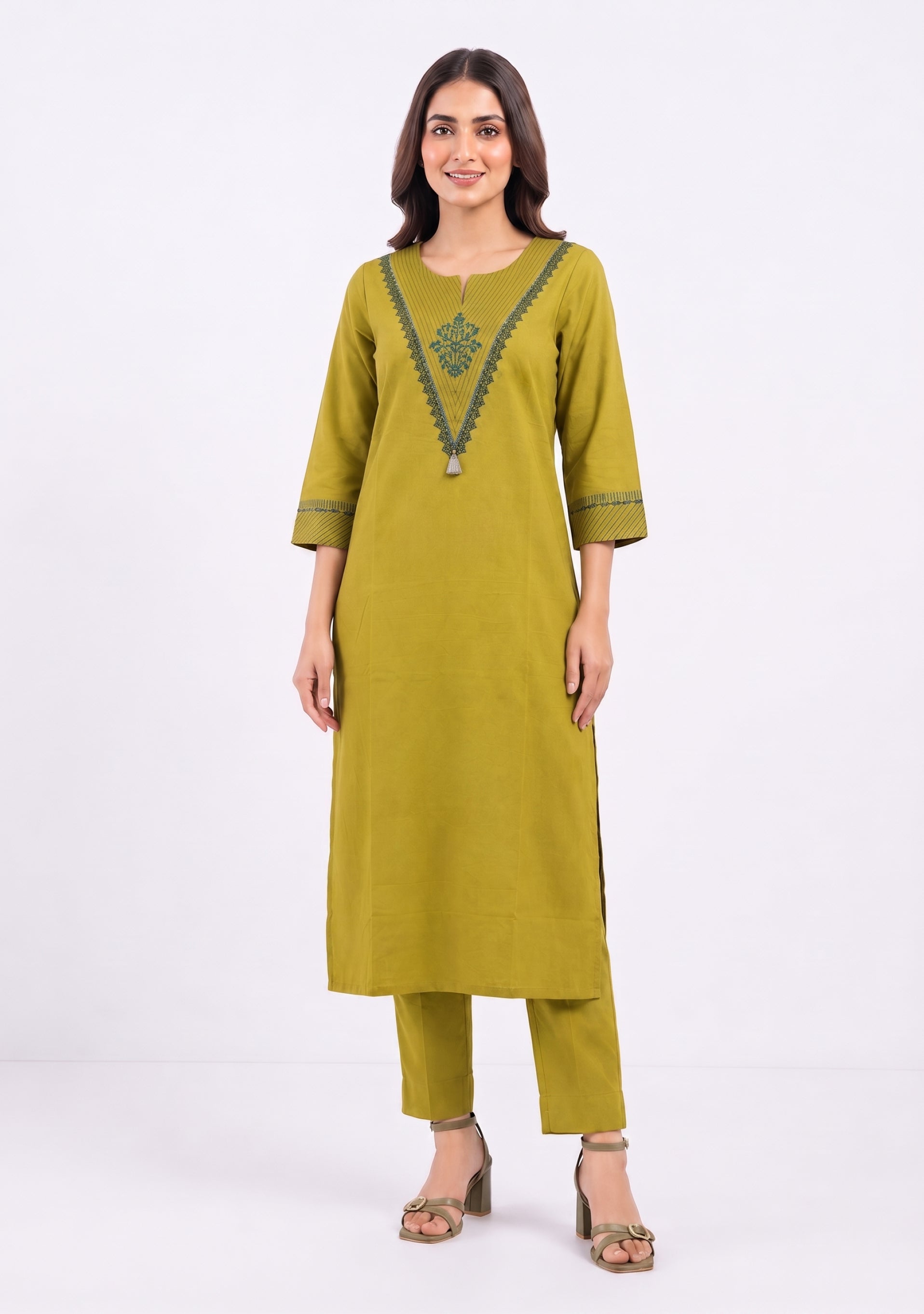 Mehendi Green Cotton Handcrafted 3pc suit set