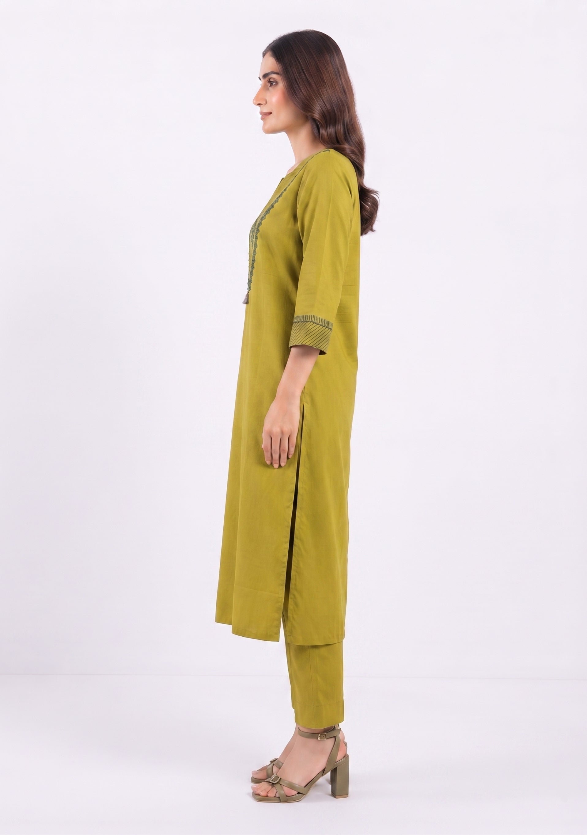 Mehendi Green Cotton Handcrafted 3pc suit set