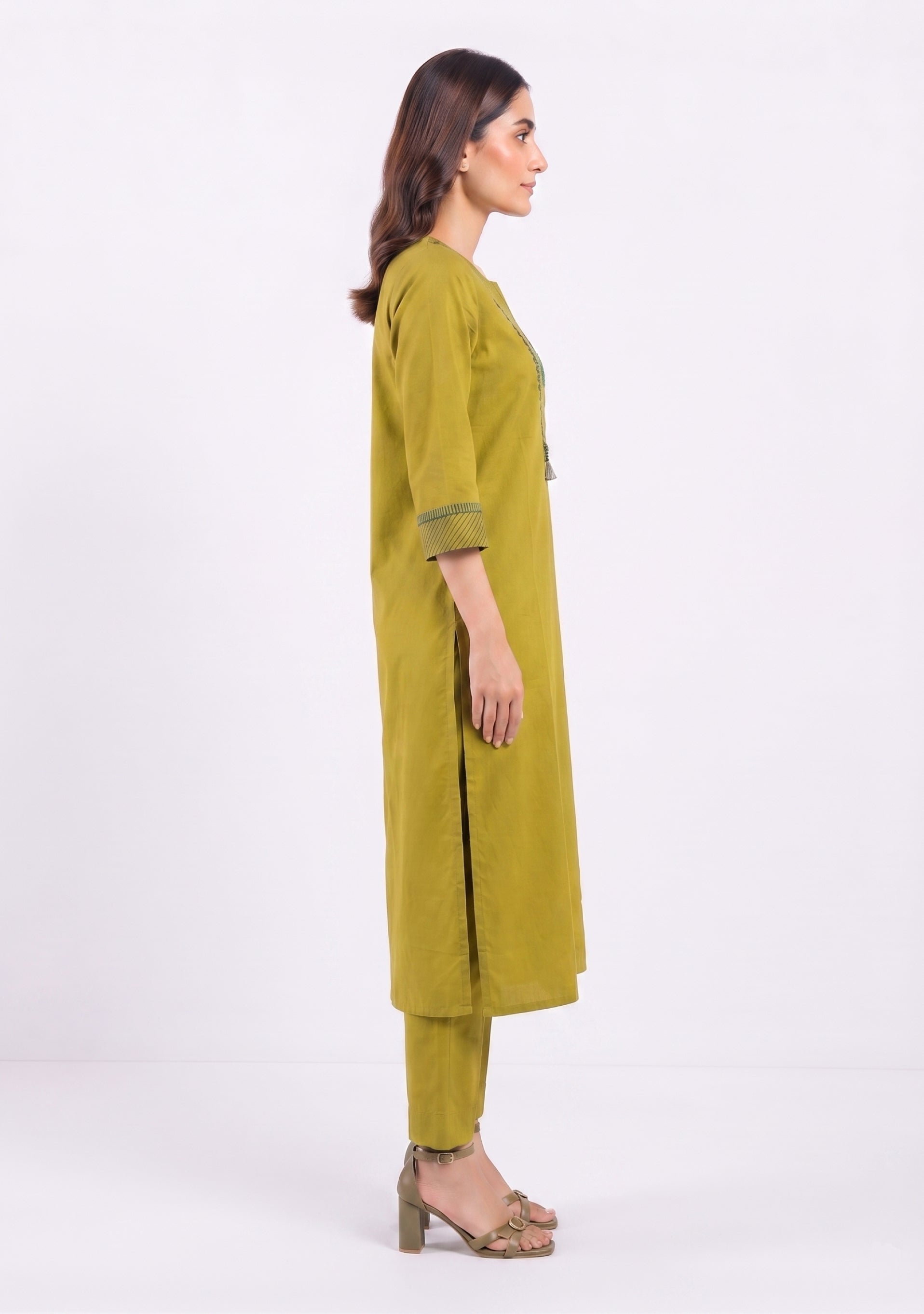 Mehendi Green Cotton Handcrafted 3pc suit set