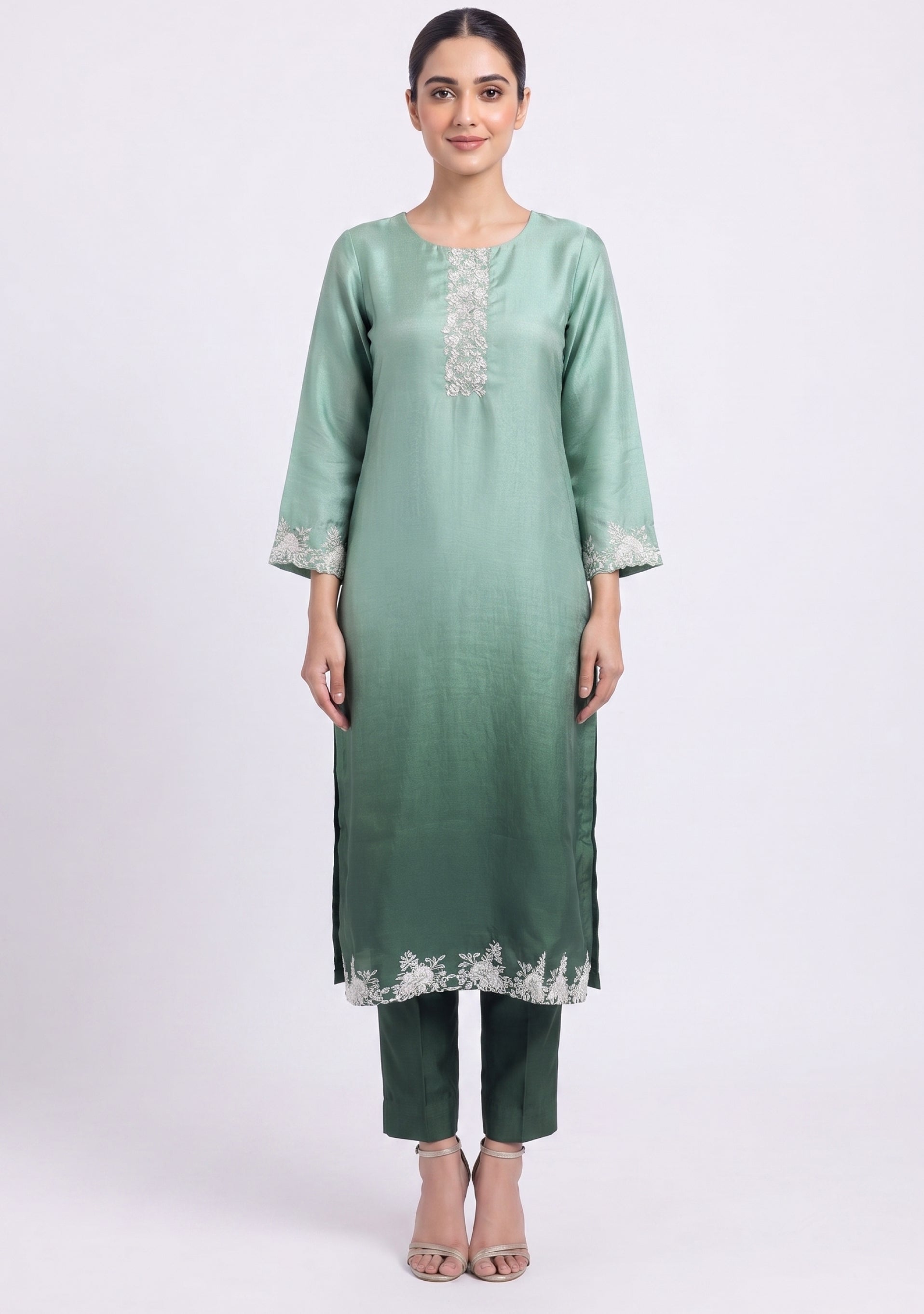 Mint Bottle Green Ombre Art Silk Handcrafted 3pc suit set