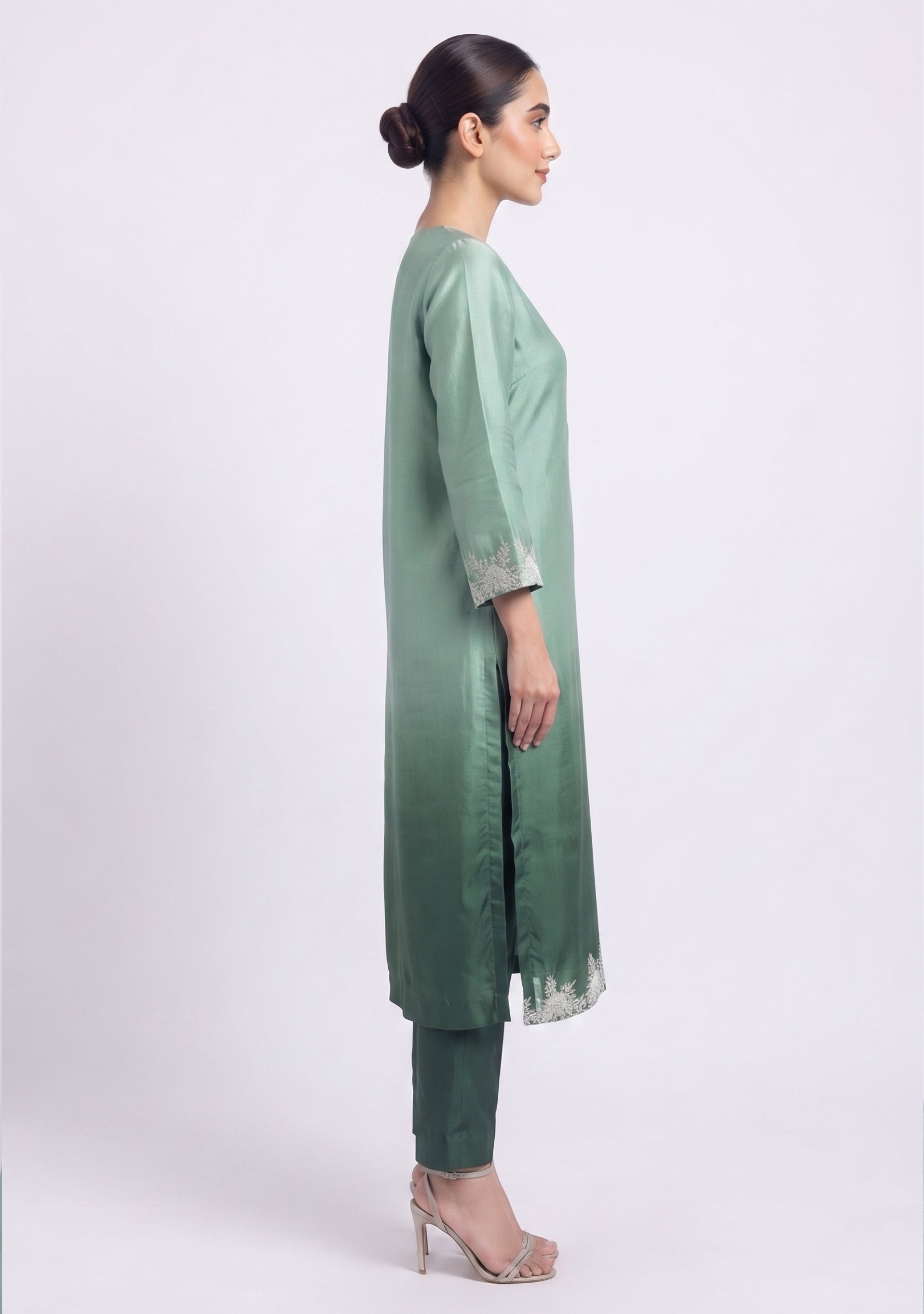 Mint Bottle Green Ombre Art Silk Handcrafted 3pc suit set