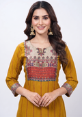 Mustard Printed Handcrafted Crepe 3pc suit set