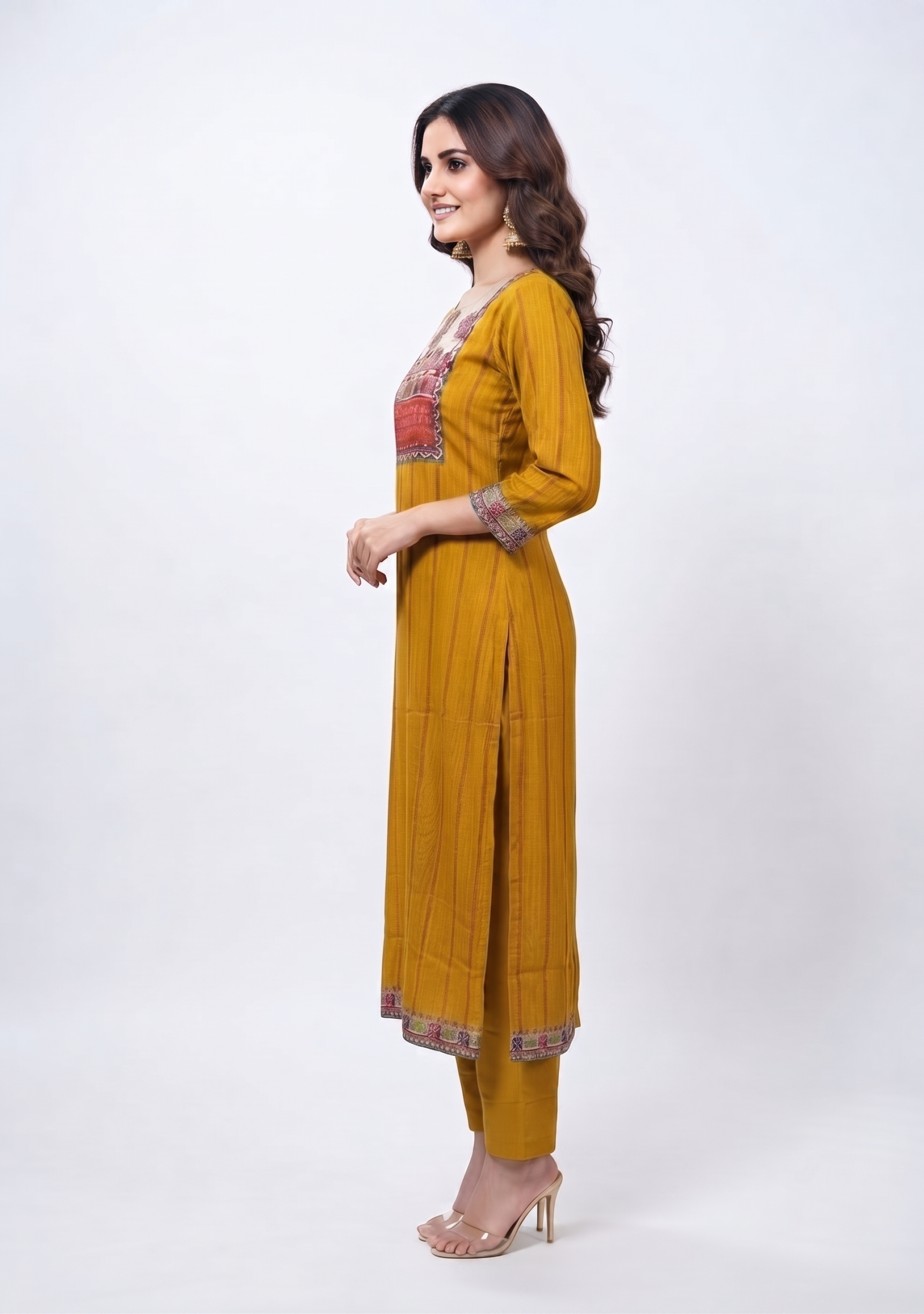 Mustard Printed Handcrafted Crepe 3pc suit set