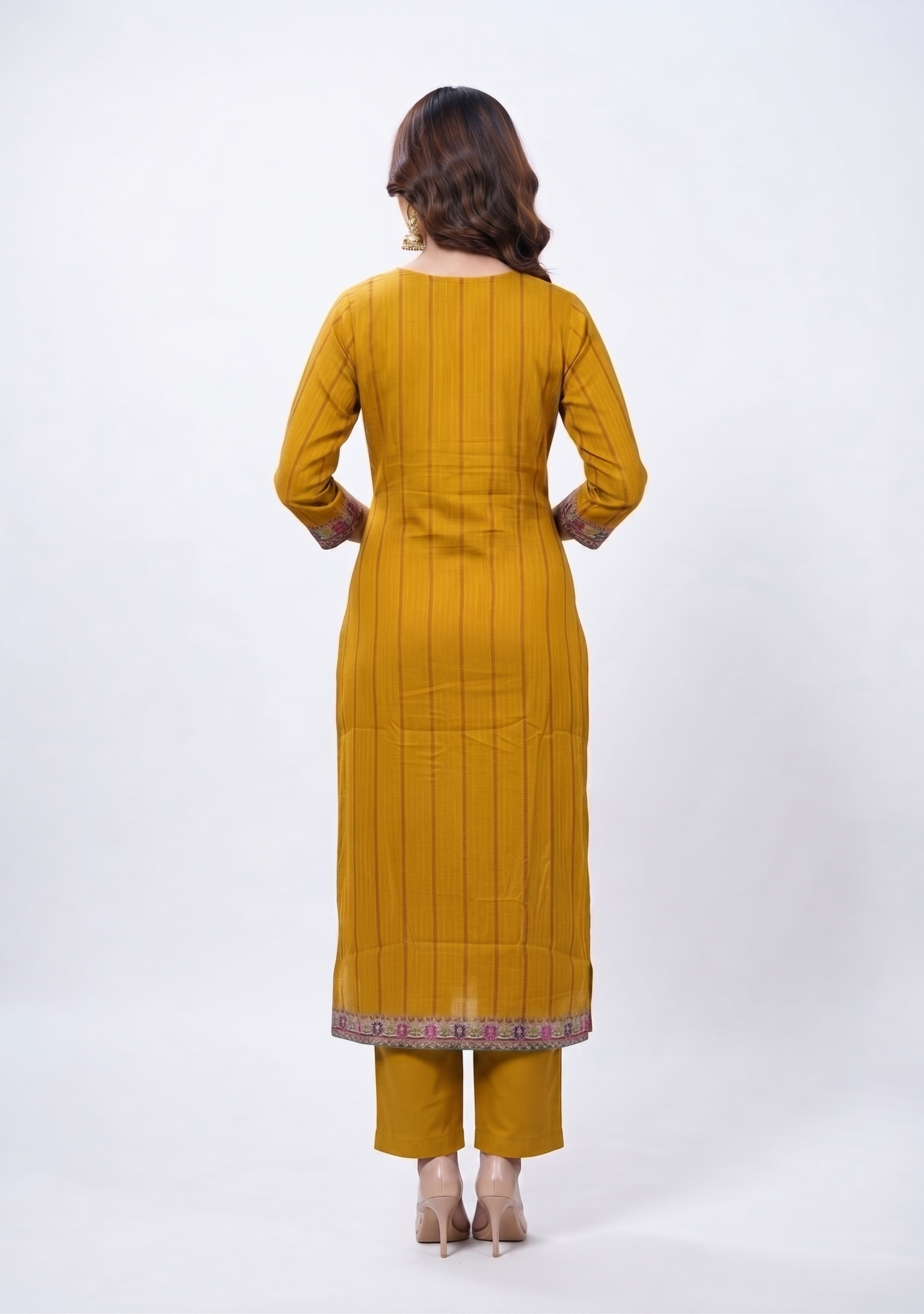 Mustard Printed Handcrafted Crepe 3pc suit set