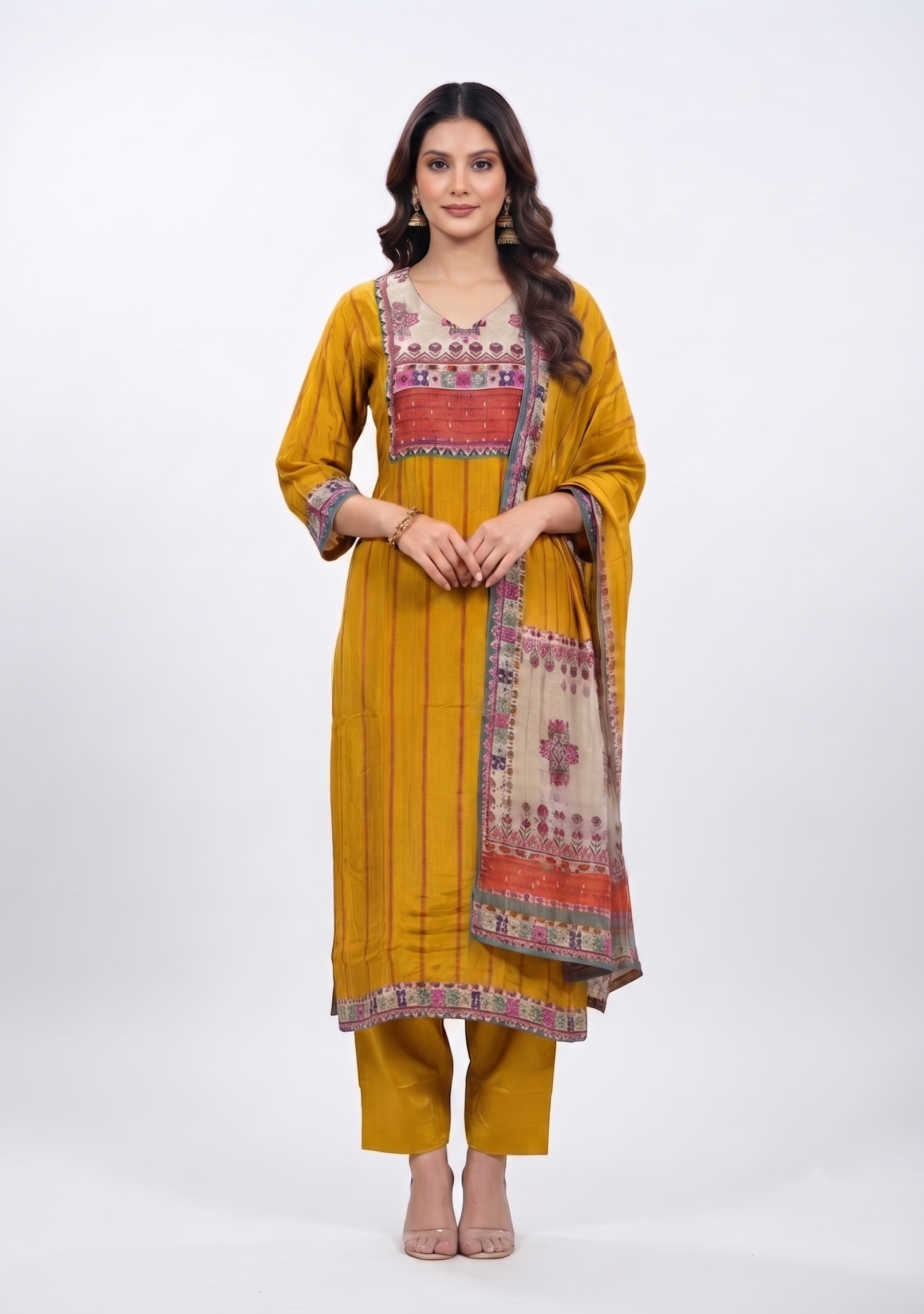 Mustard Printed Handcrafted Crepe 3pc suit set