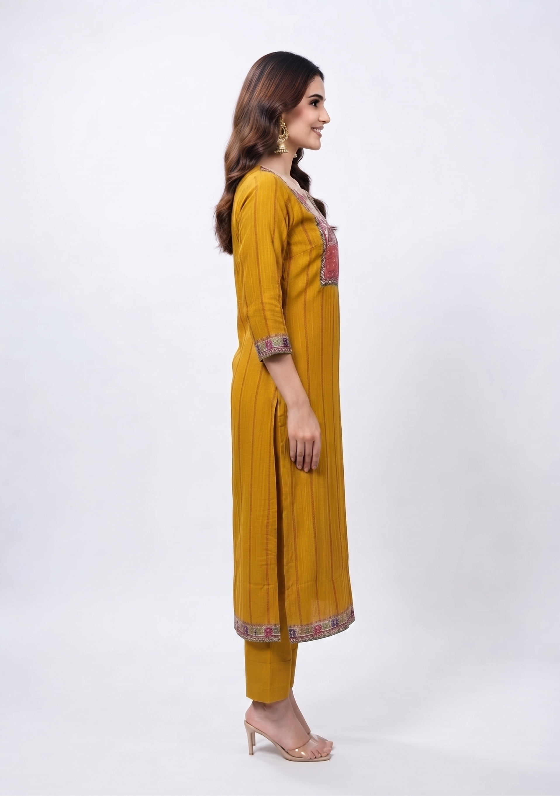Mustard Printed Handcrafted Crepe 3pc suit set