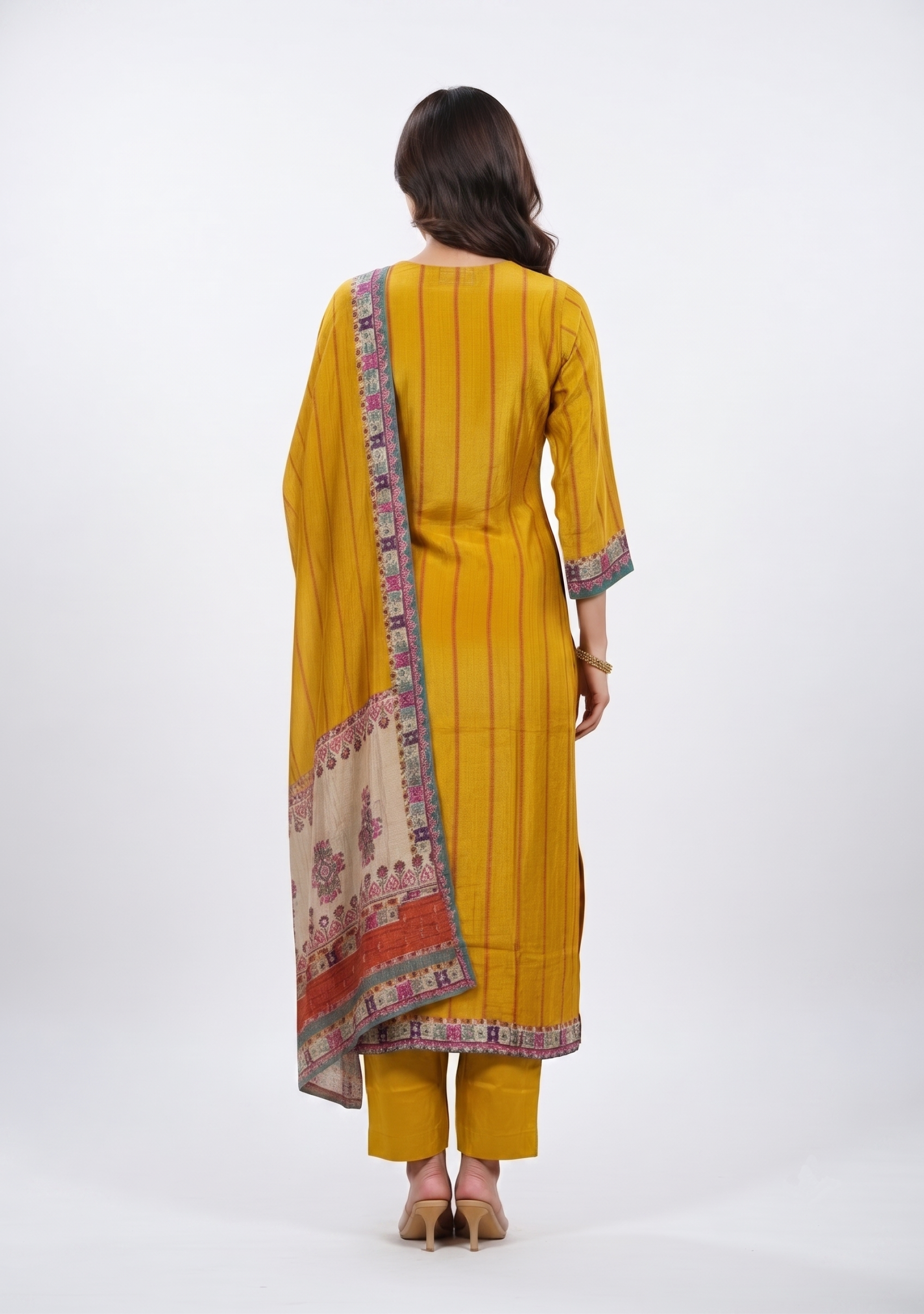 Mustard Printed Handcrafted Crepe 3pc suit set