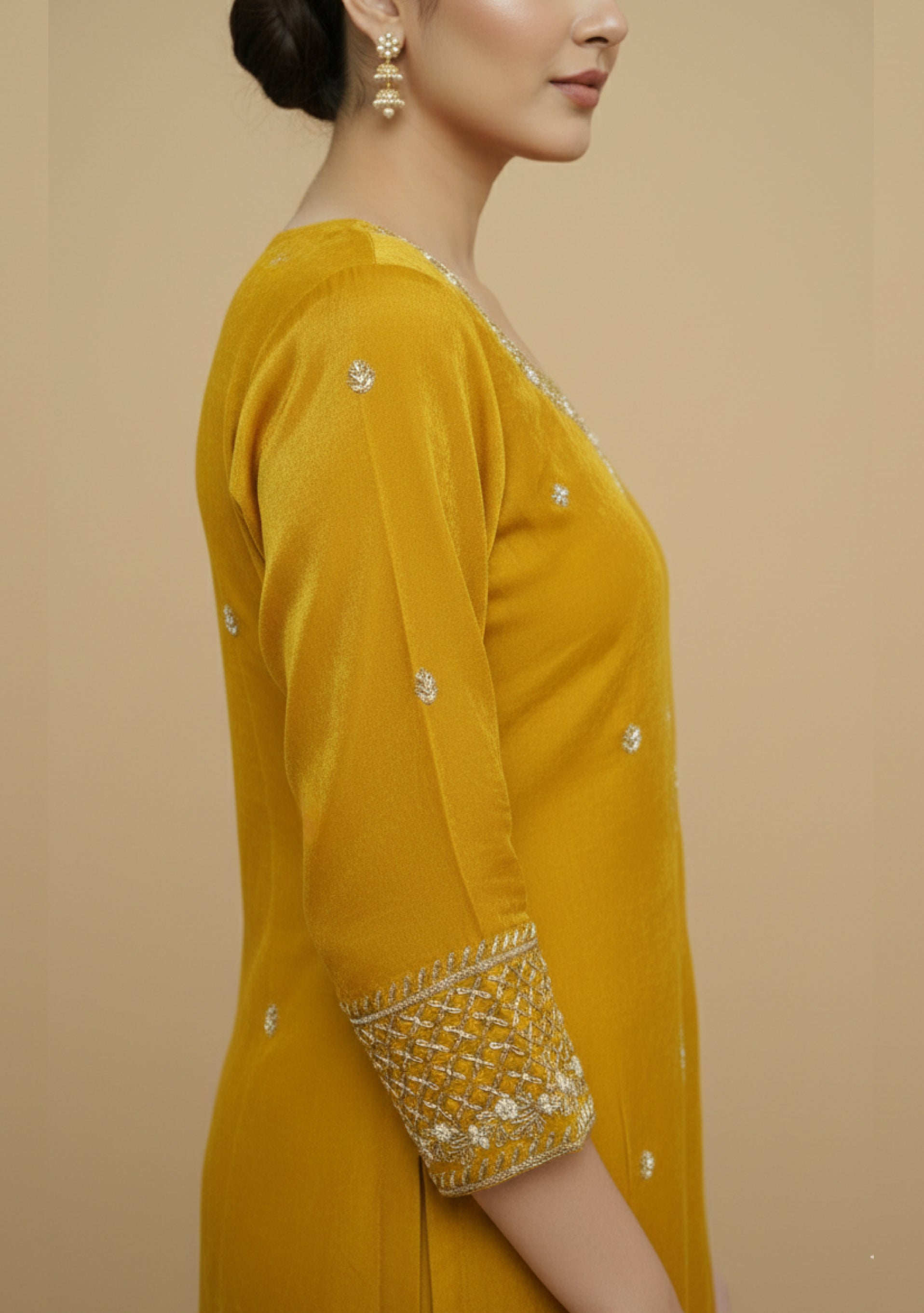 Mustard Yellow Chinon Handcrafted Sharara 3pc Set