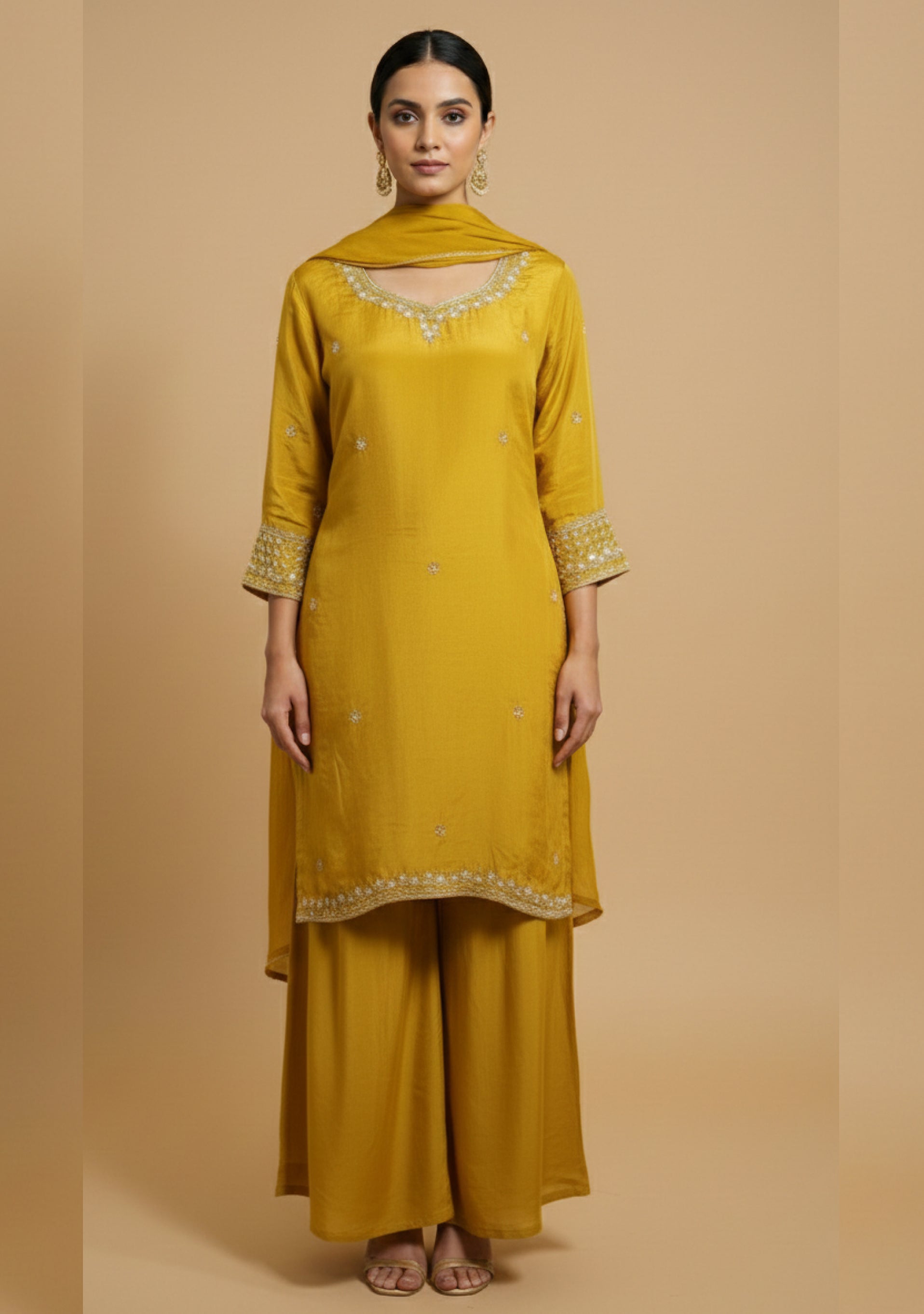 Mustard Yellow Chinon Handcrafted Sharara 3pc Set