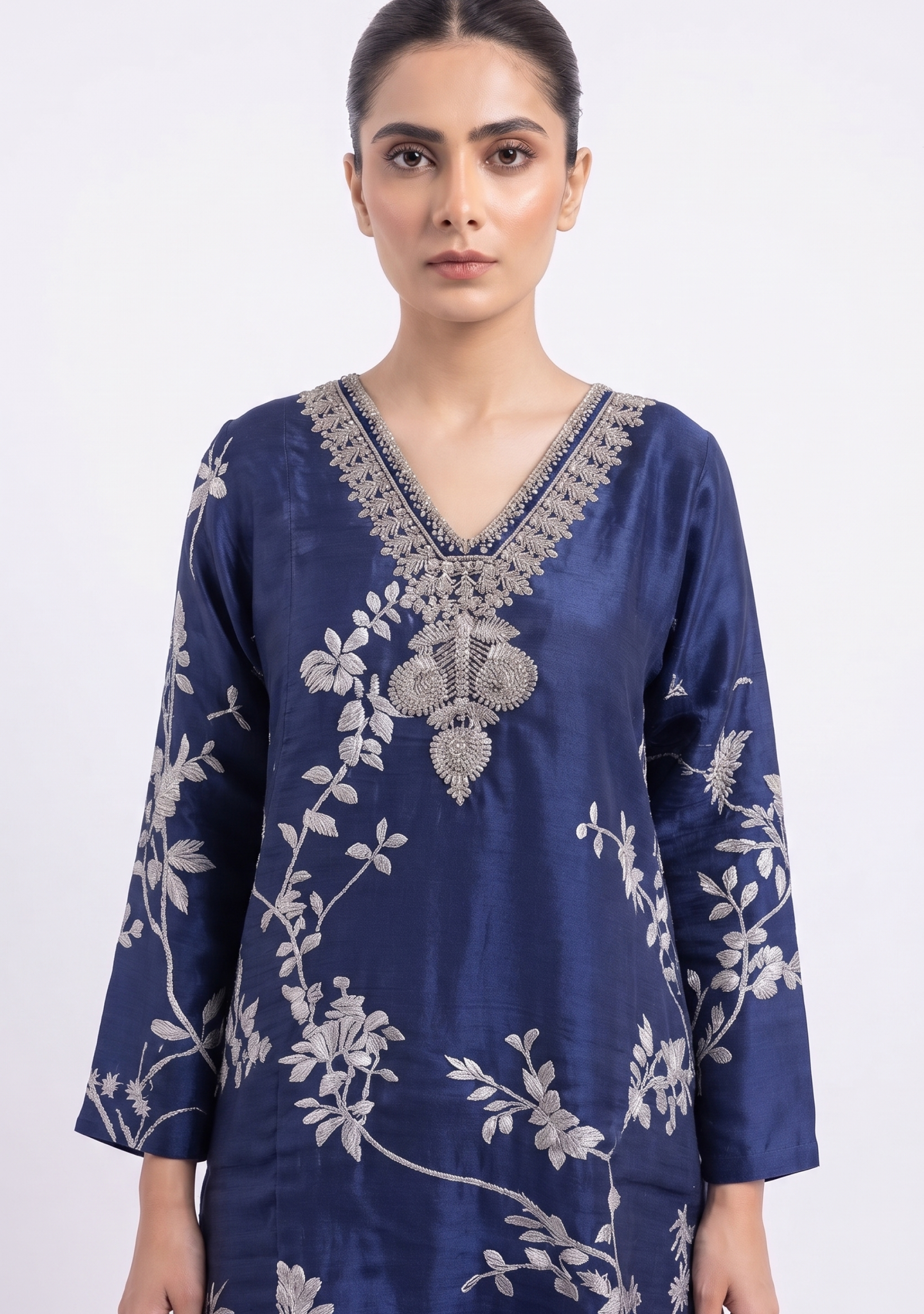 Navy Blue Beige Printed Handcrafted 3pc Suit Set