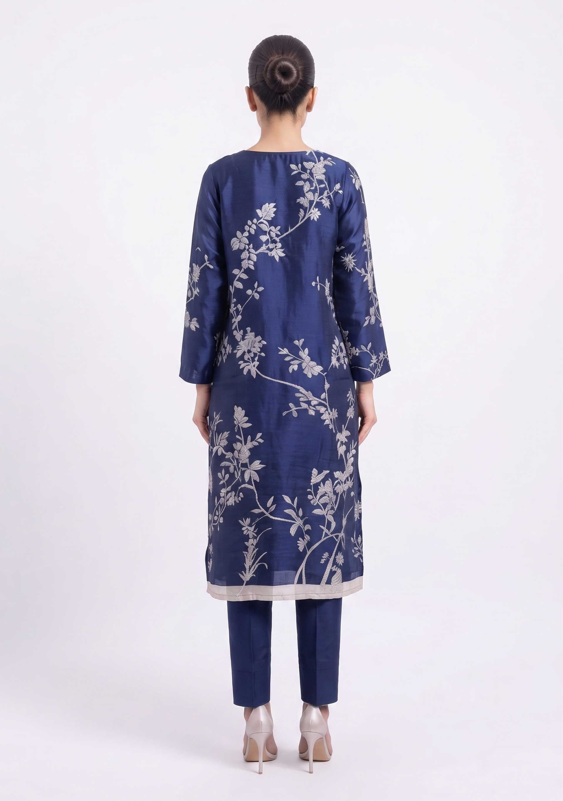 Navy Blue Beige Printed Handcrafted 3pc Suit Set
