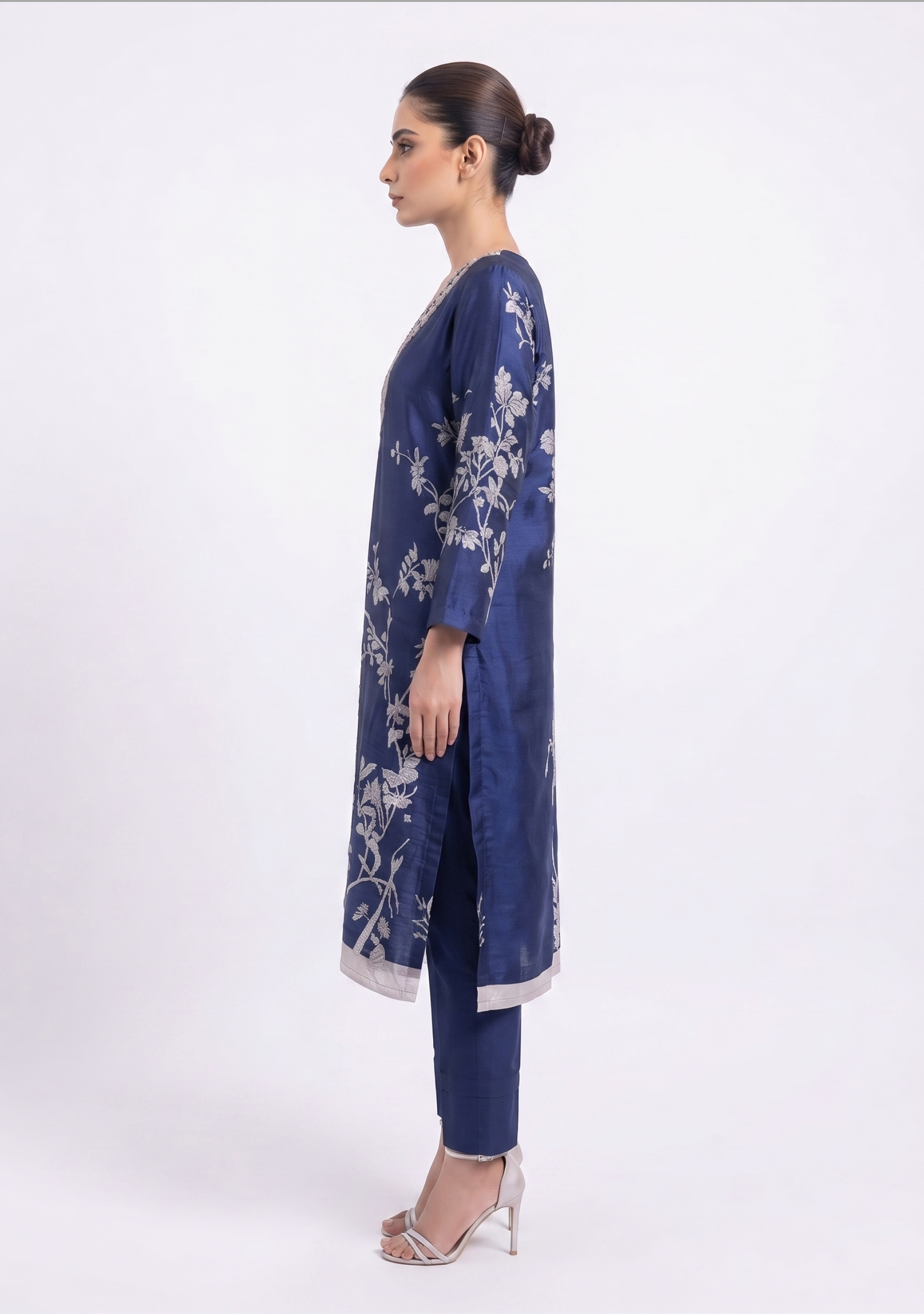 Navy Blue Beige Printed Handcrafted 3pc Suit Set
