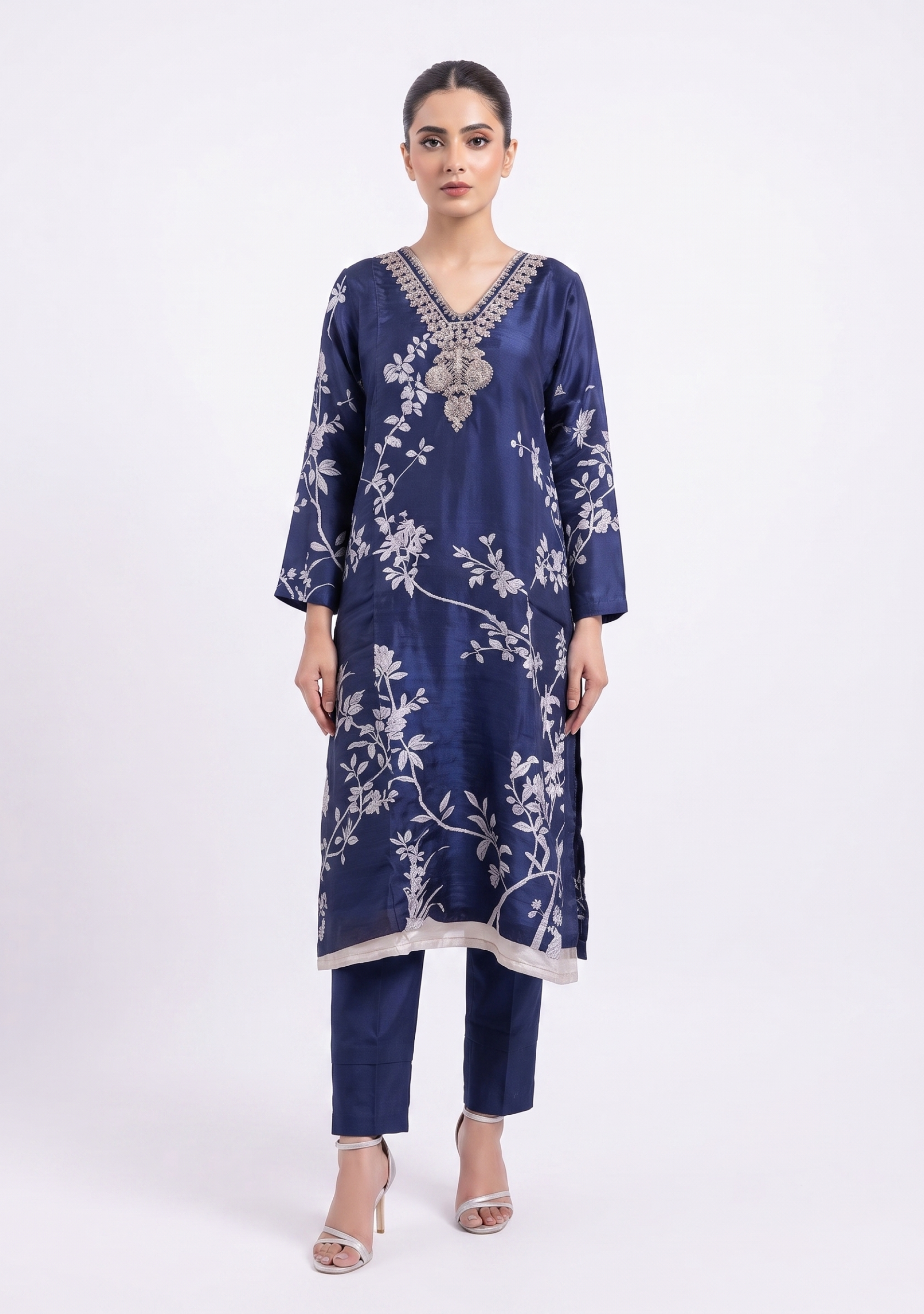 Navy Blue Beige Printed Handcrafted 3pc Suit Set