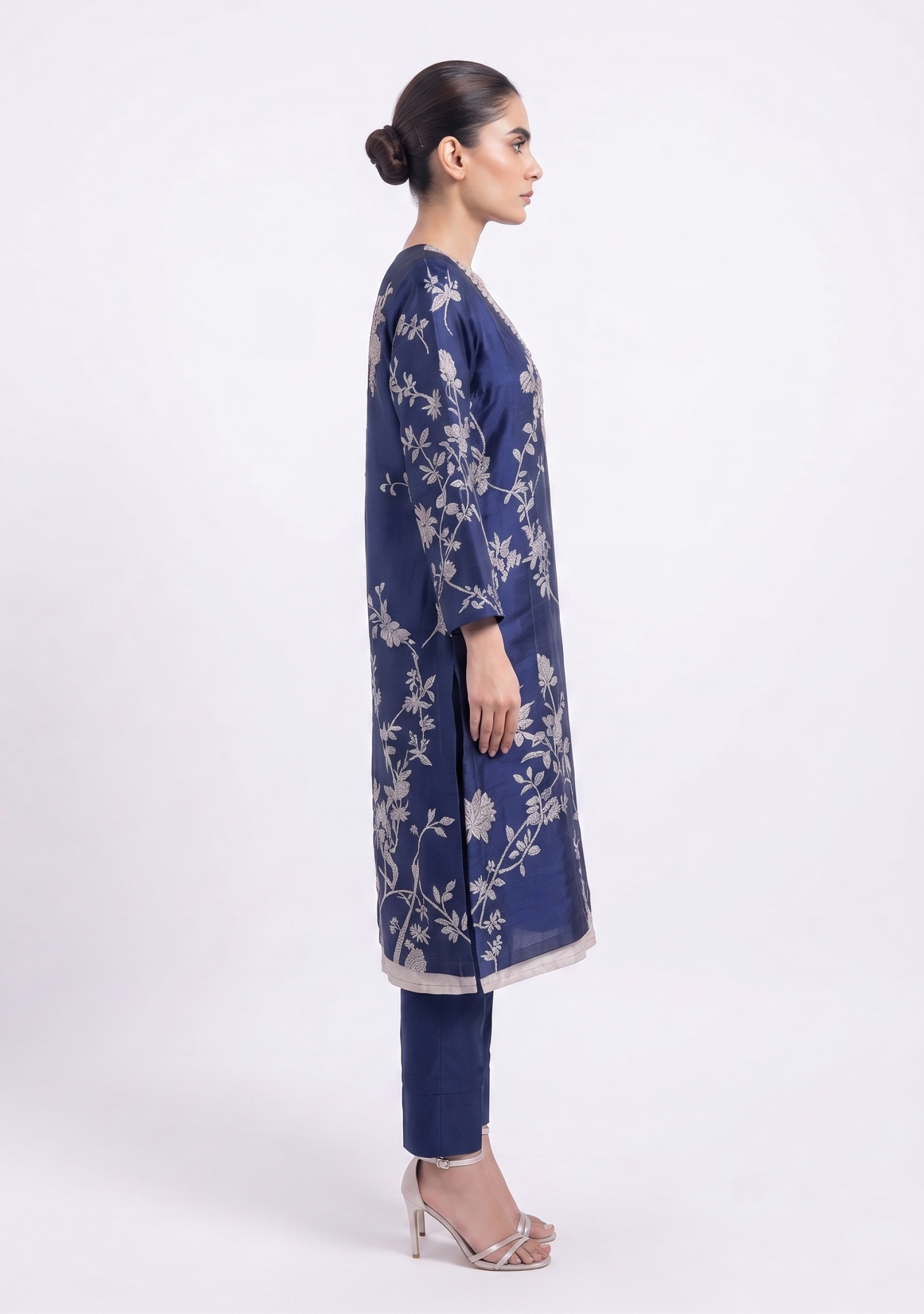 Navy Blue Beige Printed Handcrafted 3pc Suit Set