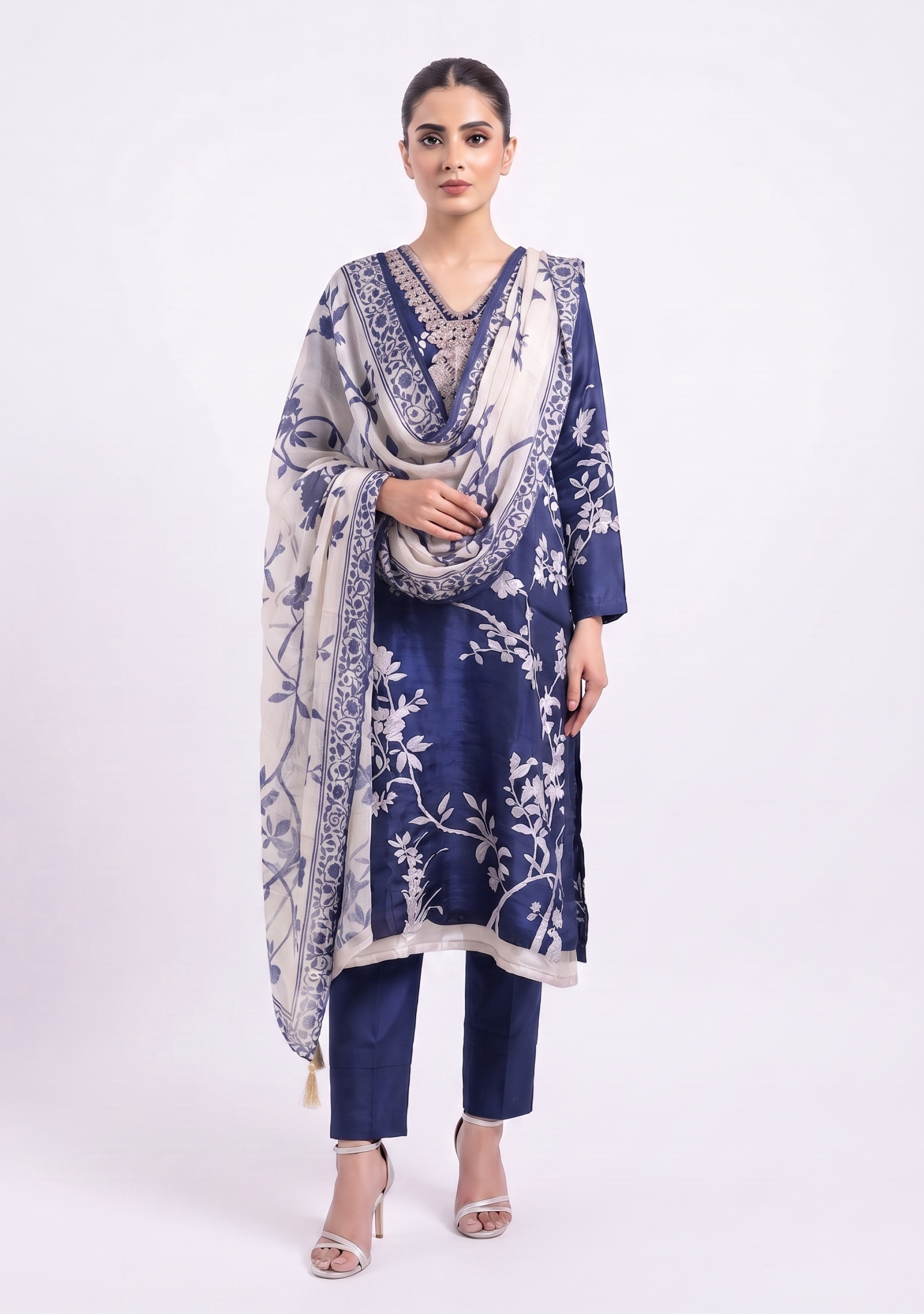 Navy Blue Beige Printed Handcrafted 3pc Suit Set
