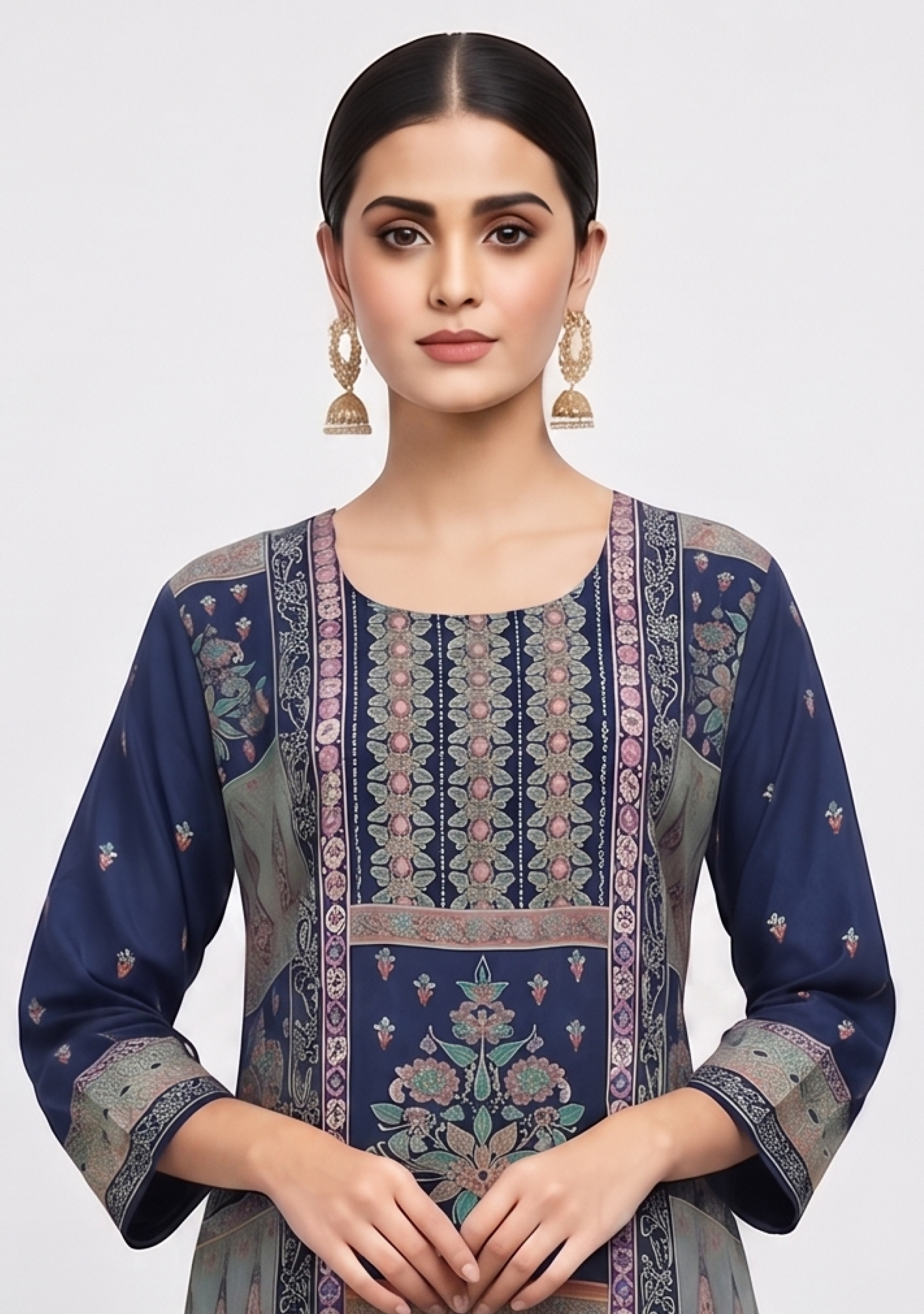 Navy Blue Gold Printed Handcrafted 3pc Suit Set