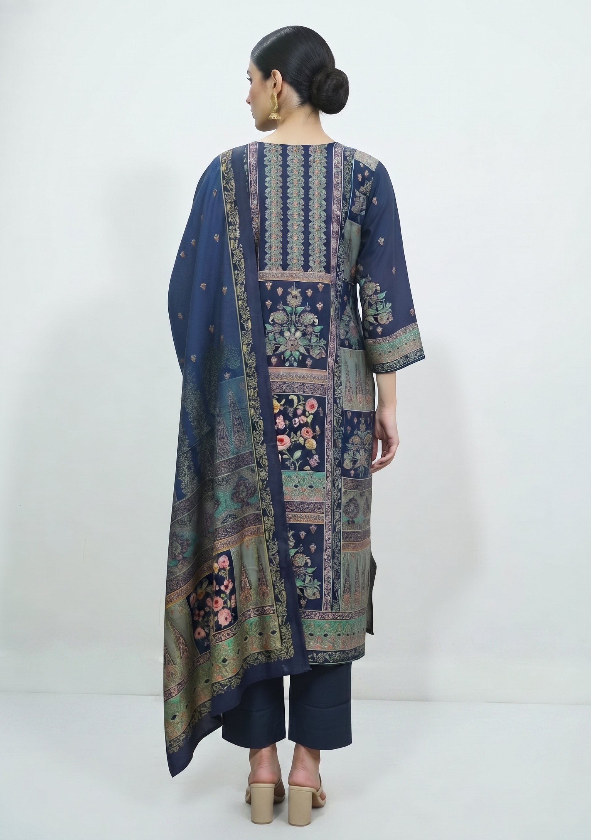 Navy Blue Gold Printed Handcrafted 3pc Suit Set
