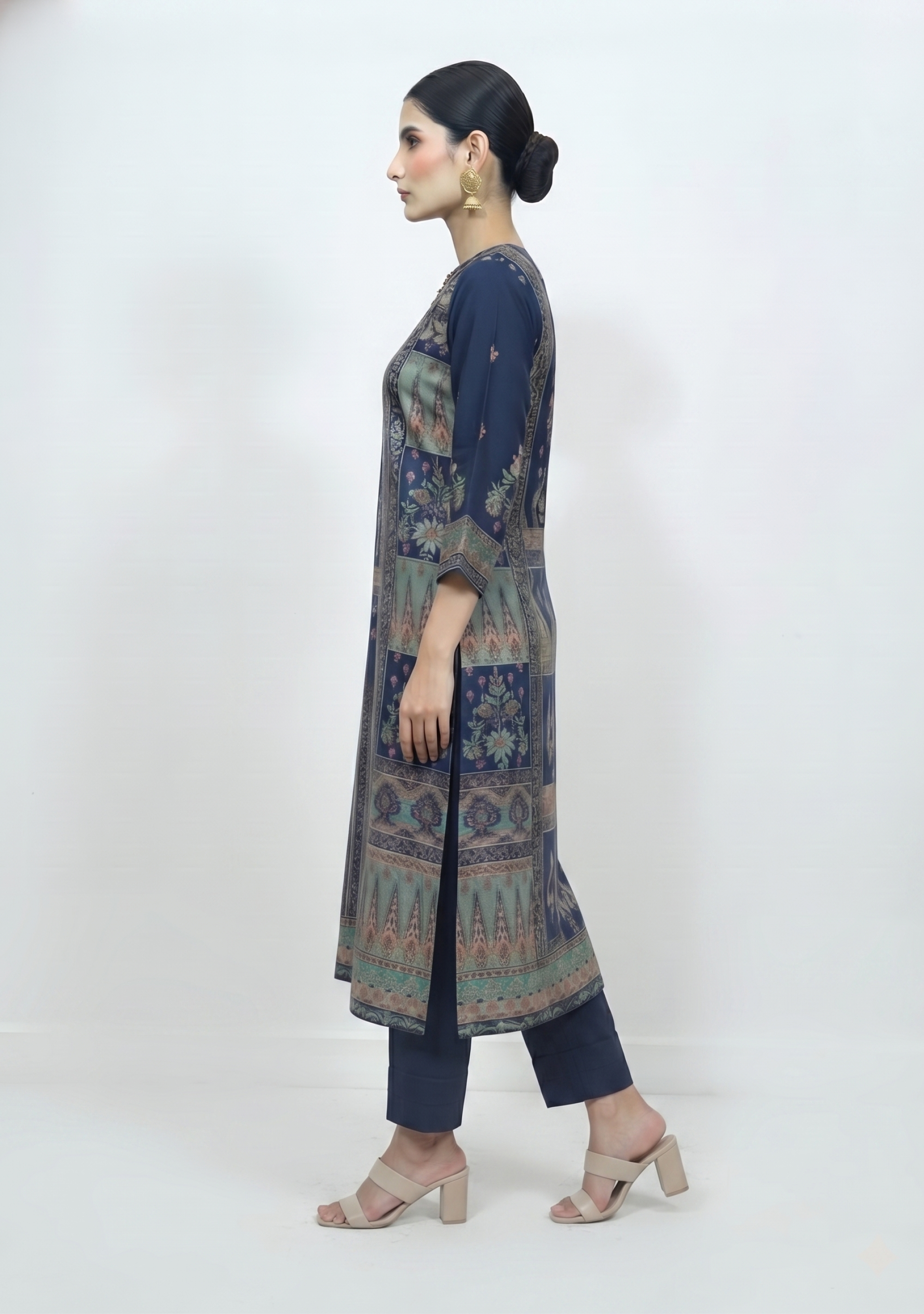 Navy Blue Gold Printed Handcrafted 3pc Suit Set
