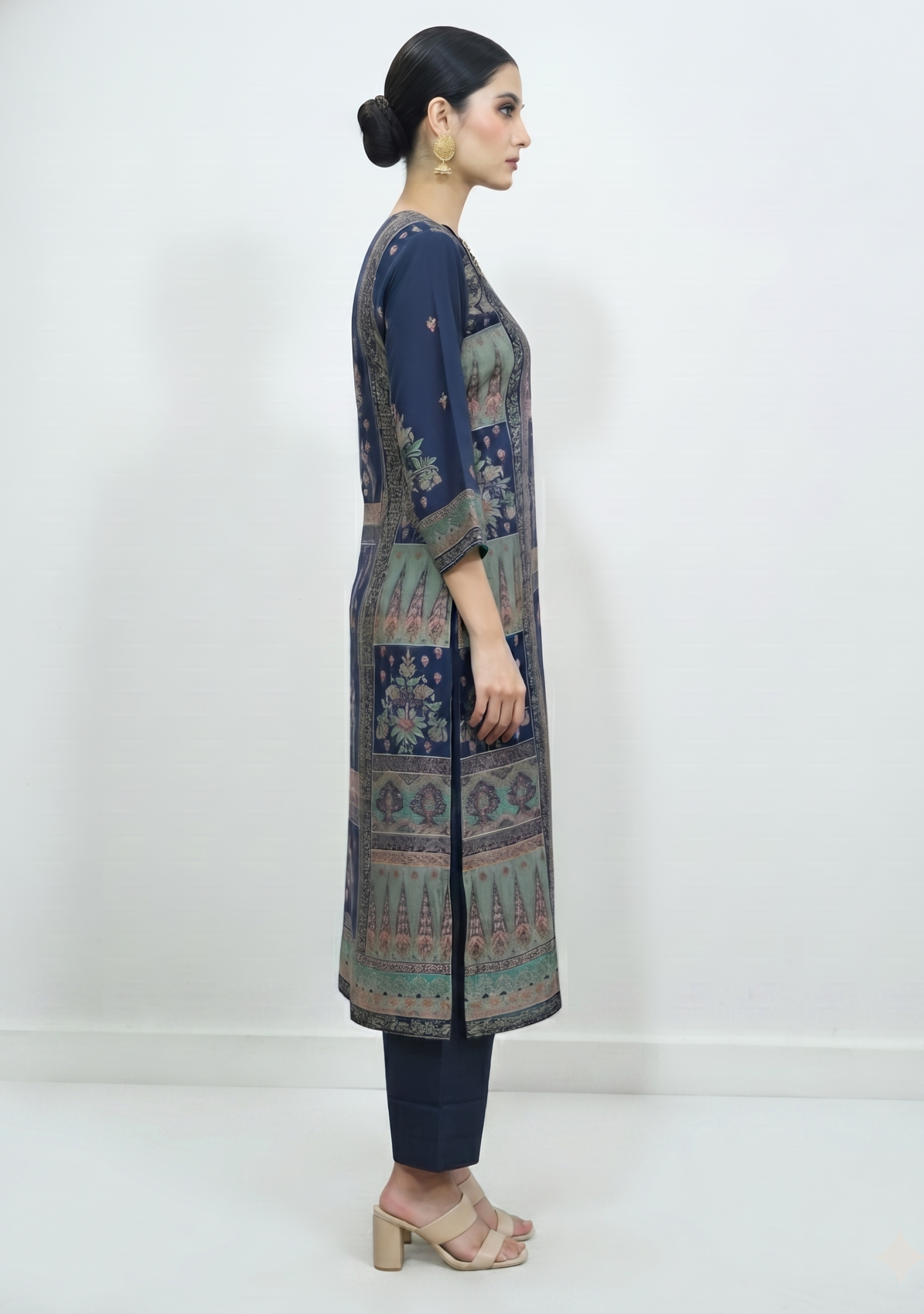 Navy Blue Gold Printed Handcrafted 3pc Suit Set