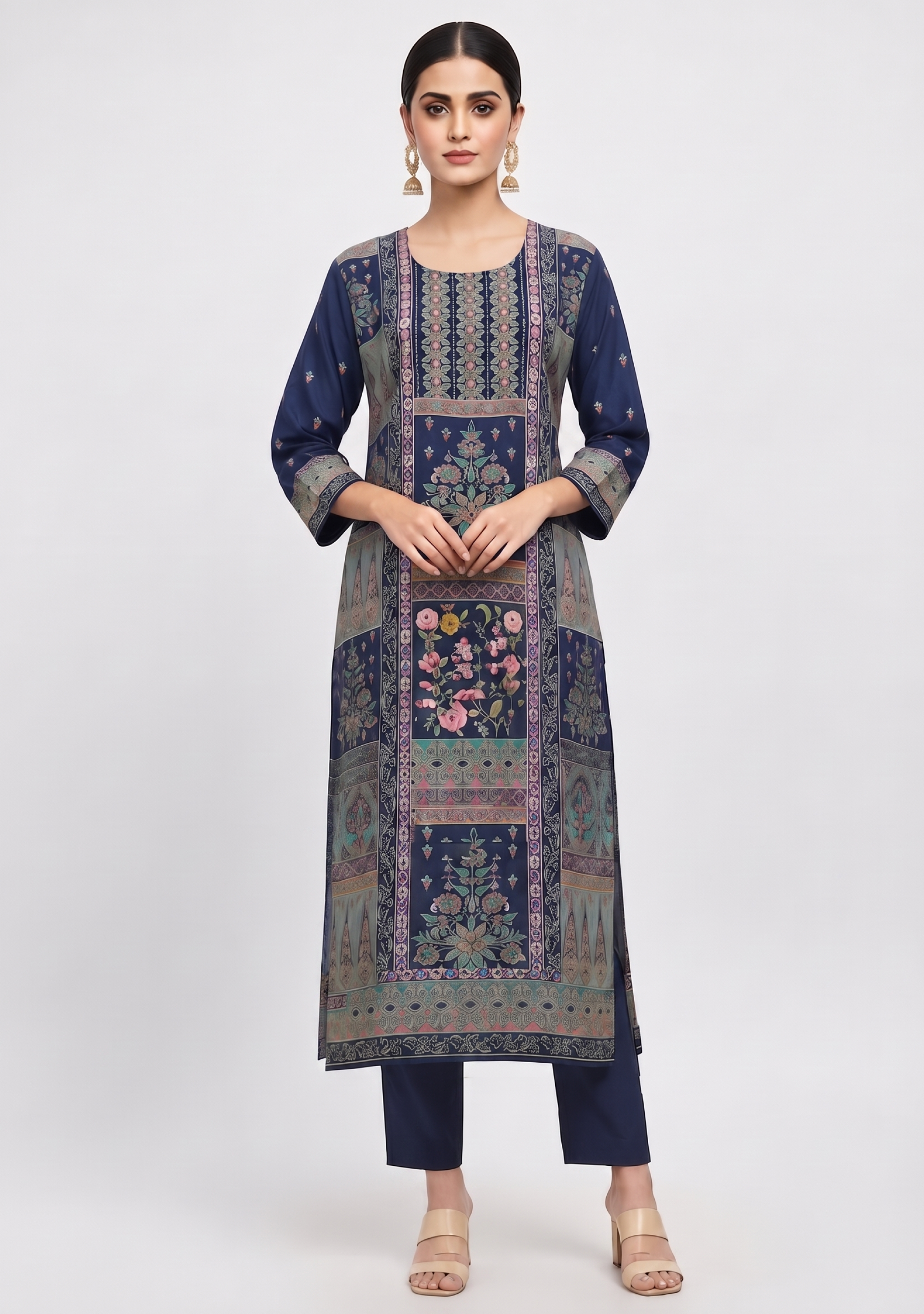 Navy Blue Gold Printed Handcrafted 3pc Suit Set