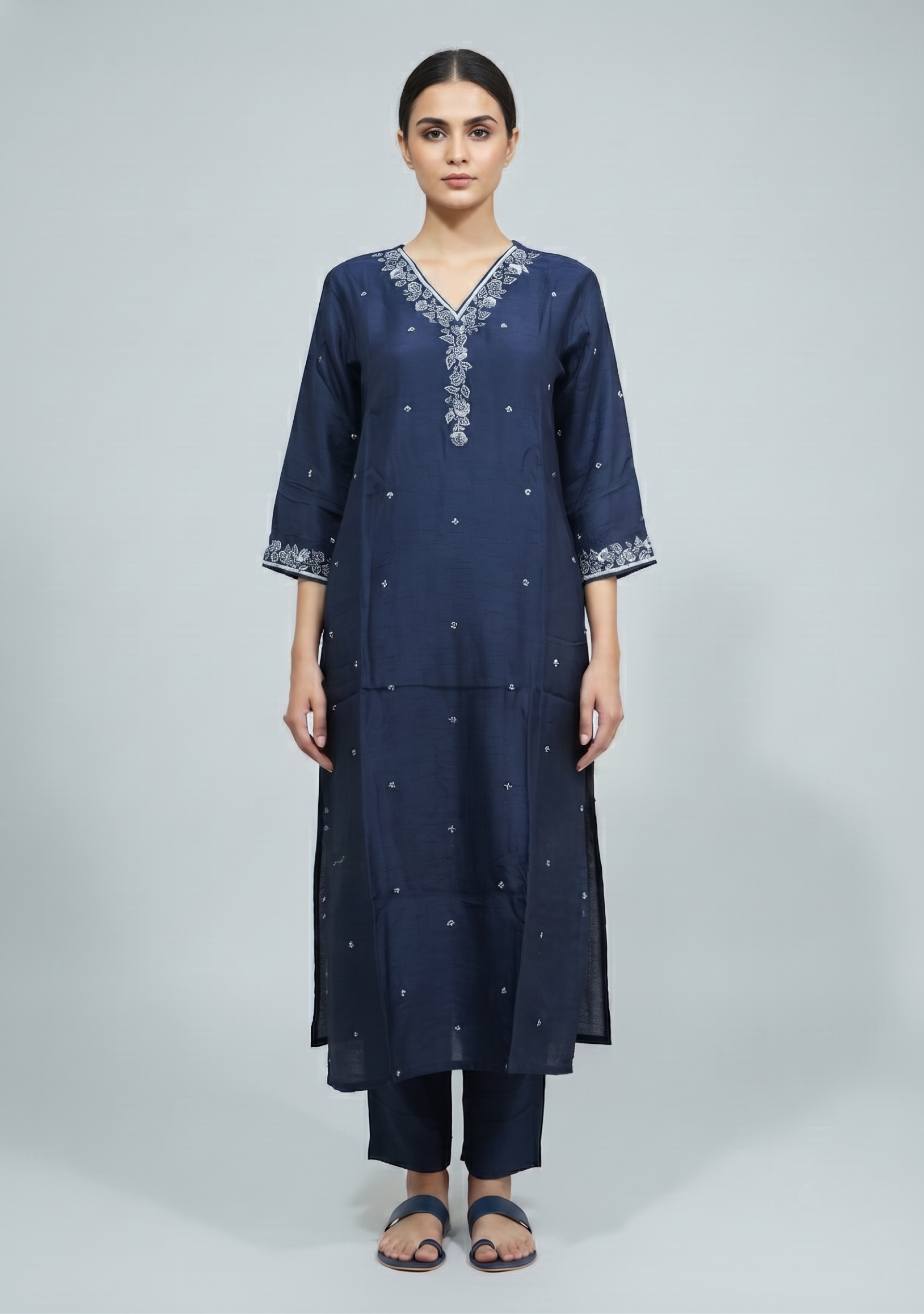 Navy Blue Silk Handcrafted 3pc Suit Set