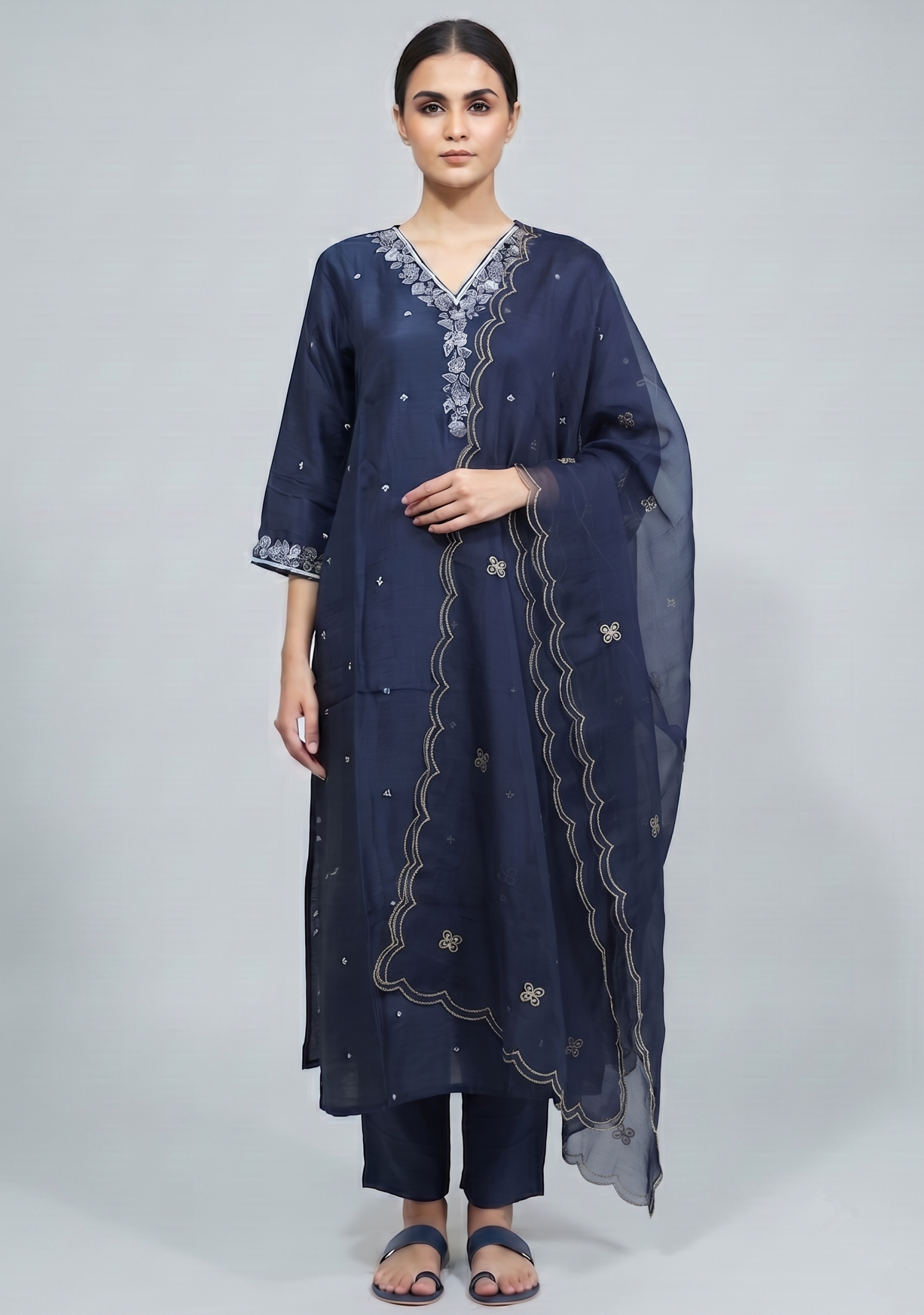 Navy Blue Silk Handcrafted 3pc Suit Set