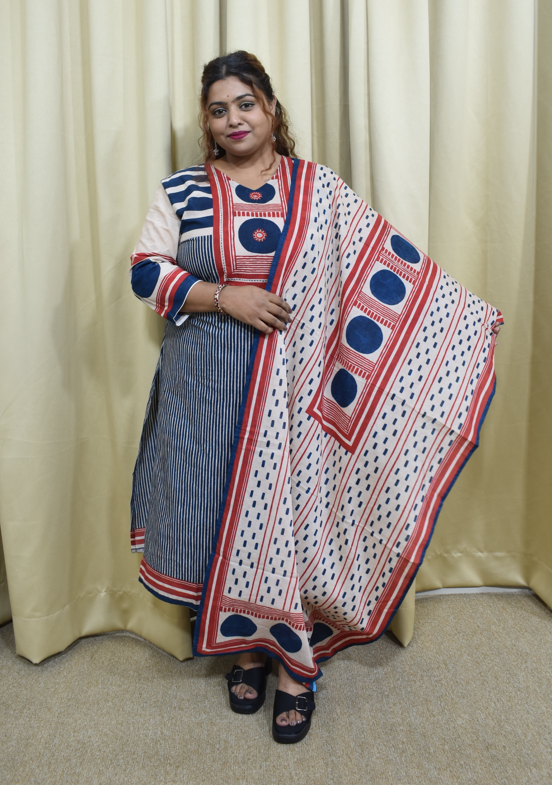 Navy Handcrafted Cotton with dupatta Blue & Red Stripe