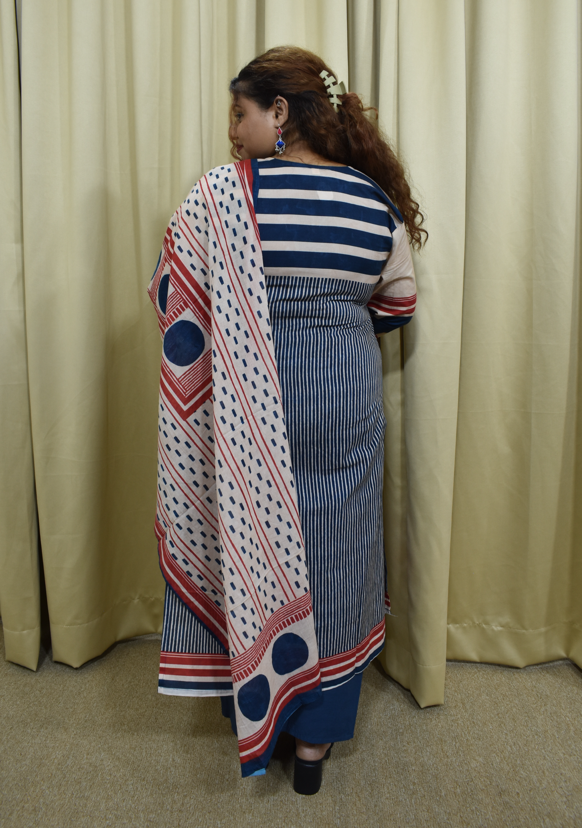 Navy Handcrafted Cotton with dupatta Blue & Red Stripe